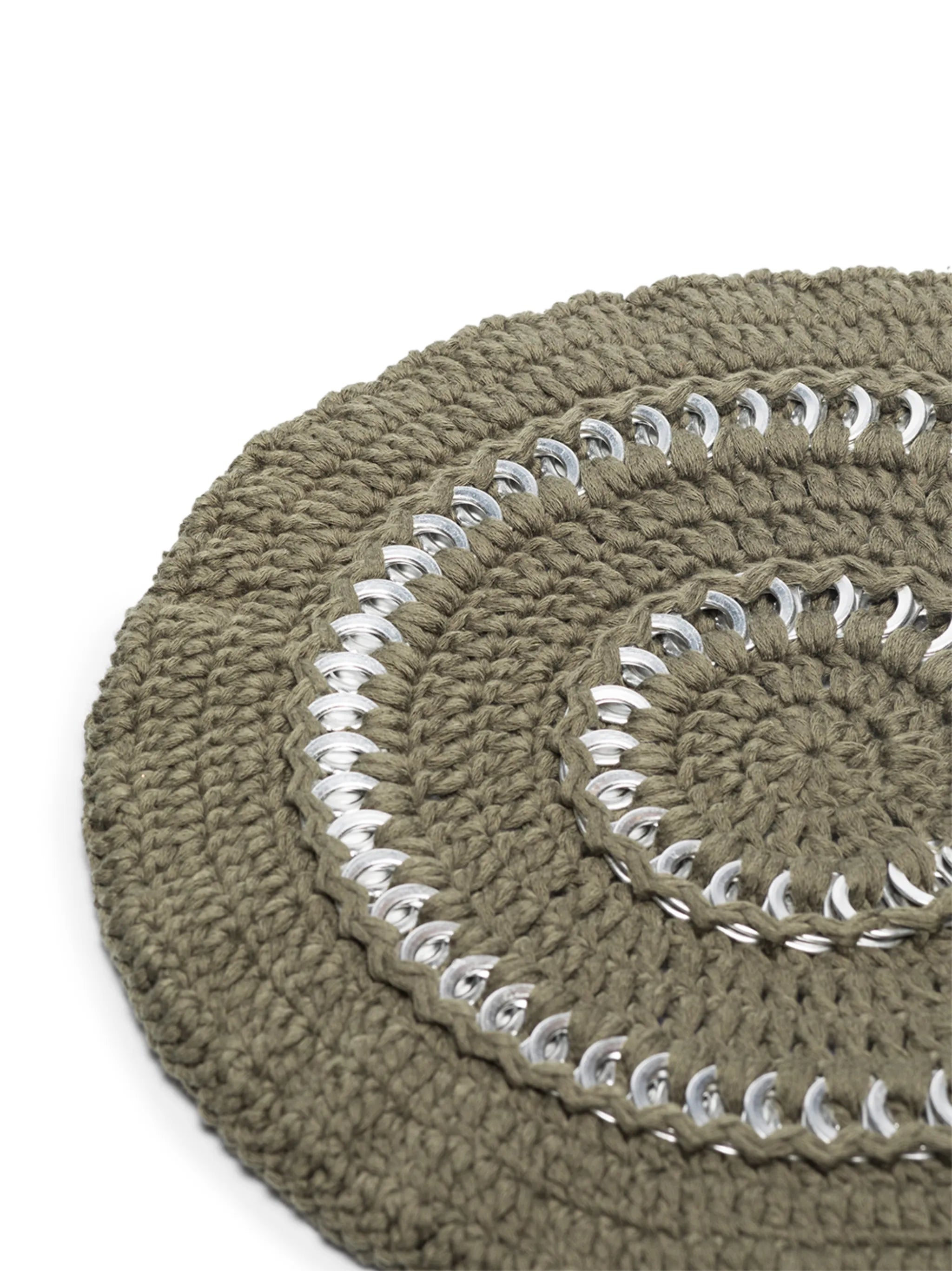 disc-embellished crochet beret