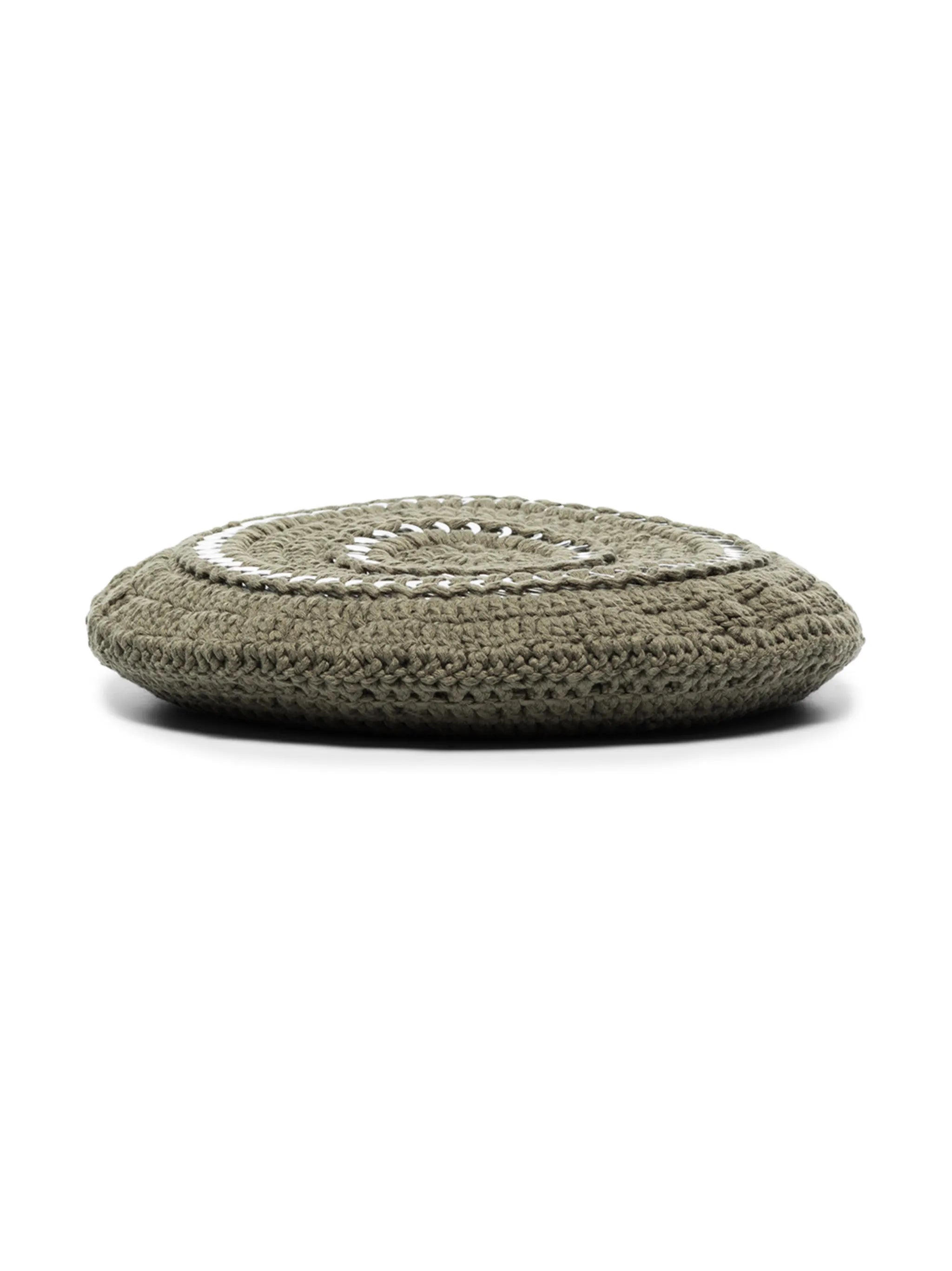 disc-embellished crochet beret