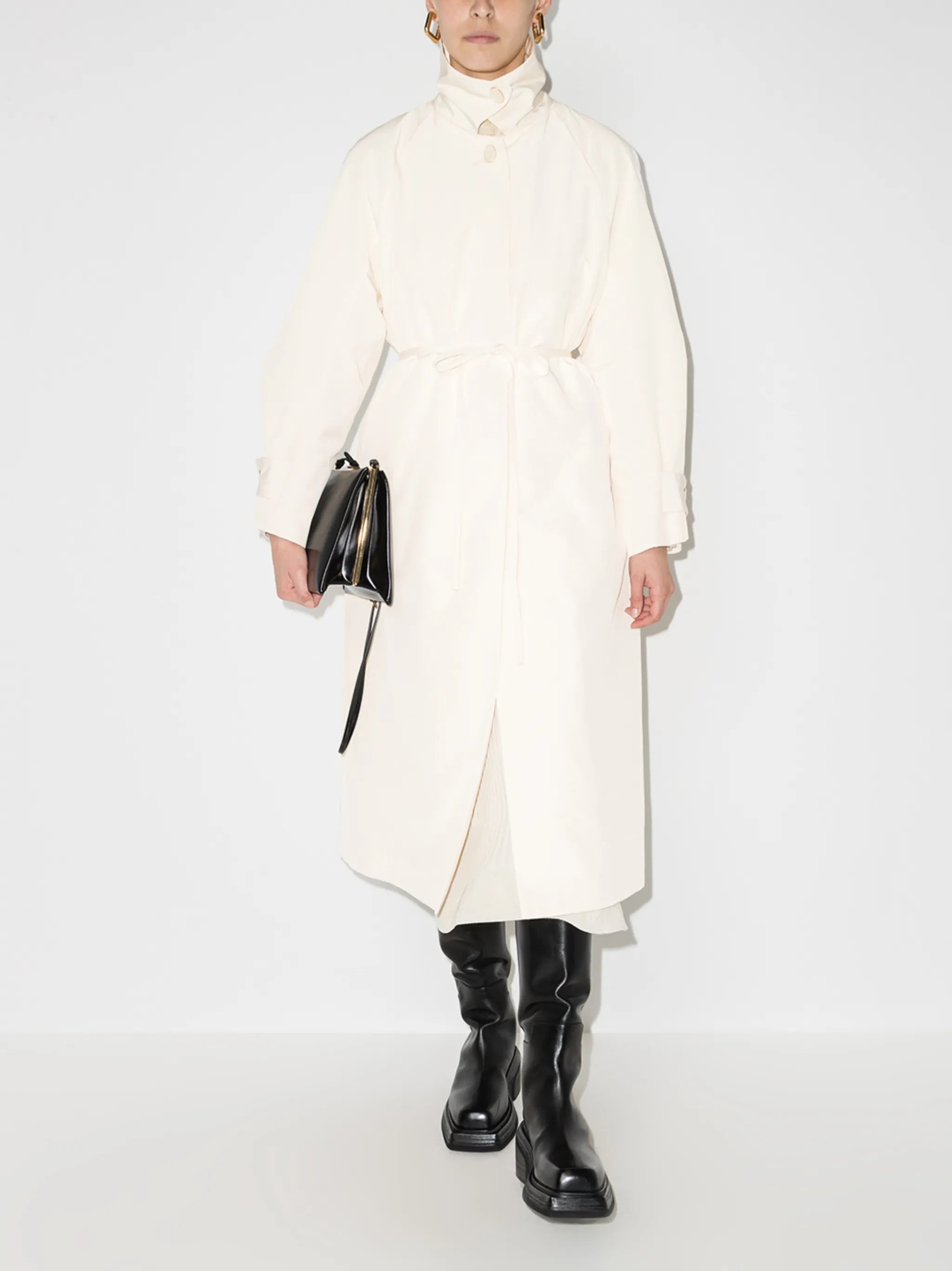 funnel-neck belted trench coat