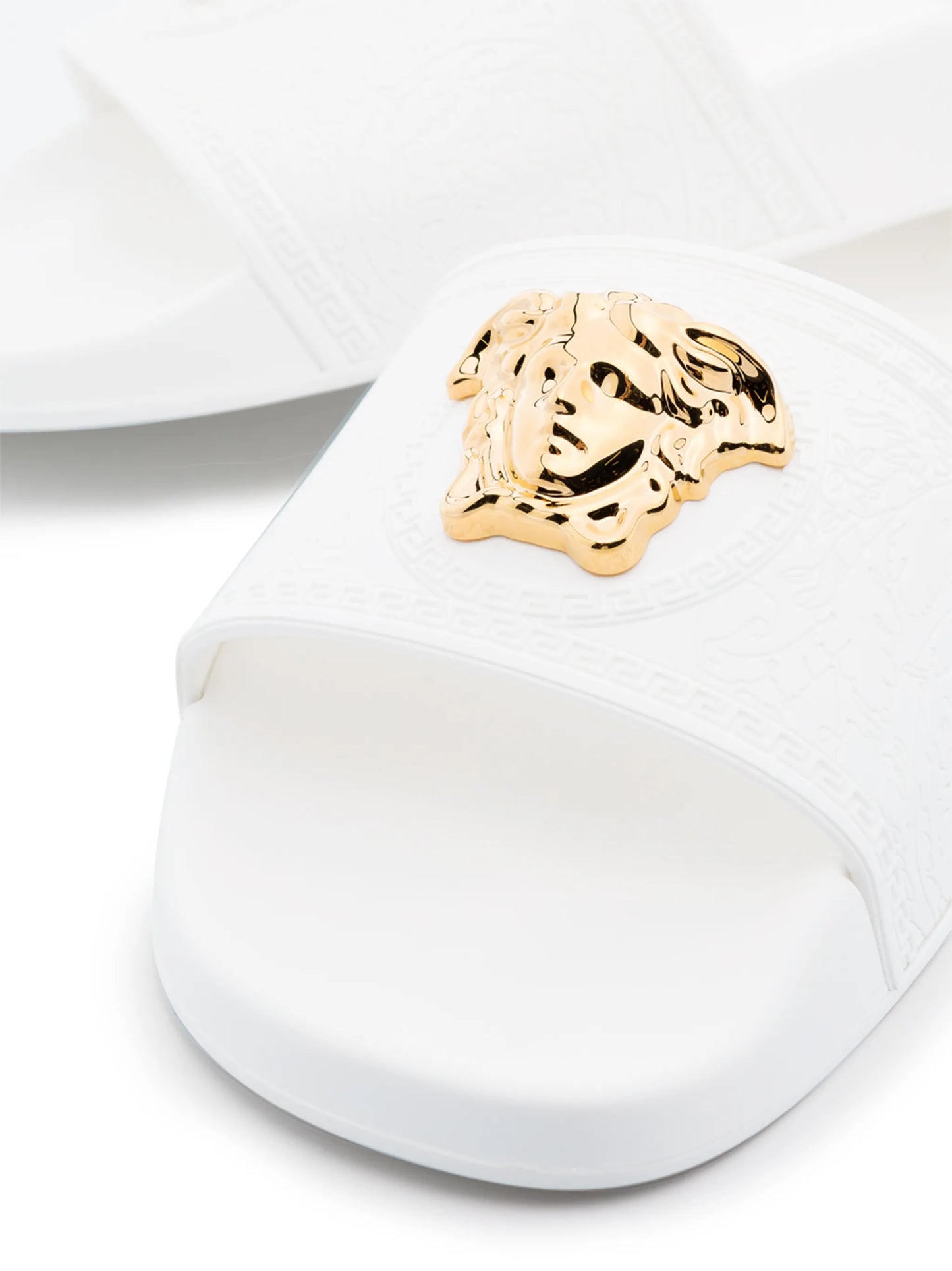 Medusa-head plaque open-toe slides
