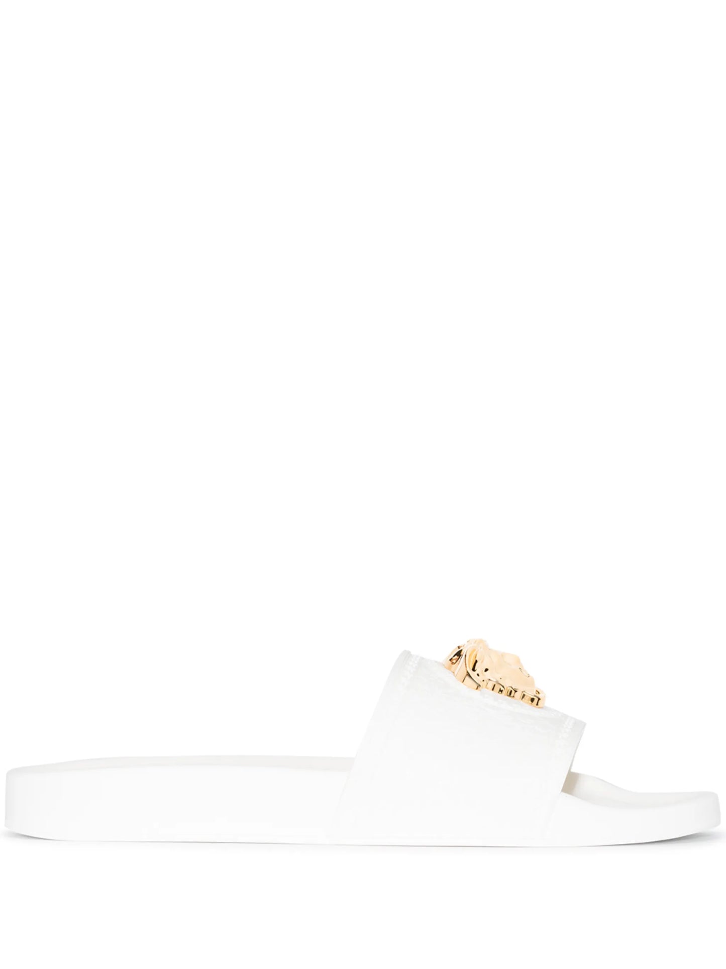 Medusa-head plaque open-toe slides