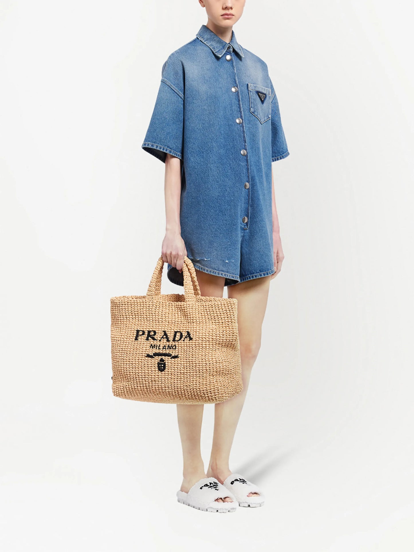 logo-embroidered raffia tote bag