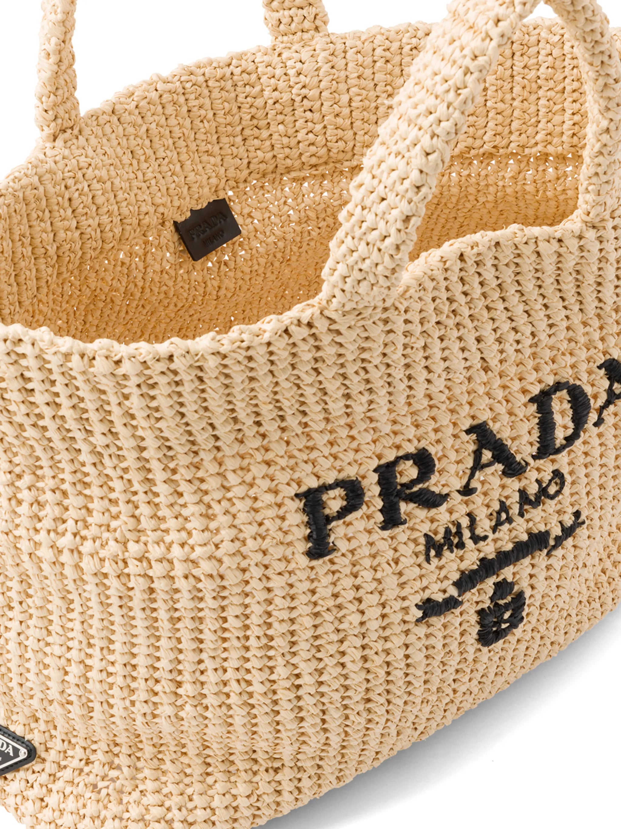 logo-embroidered raffia tote bag