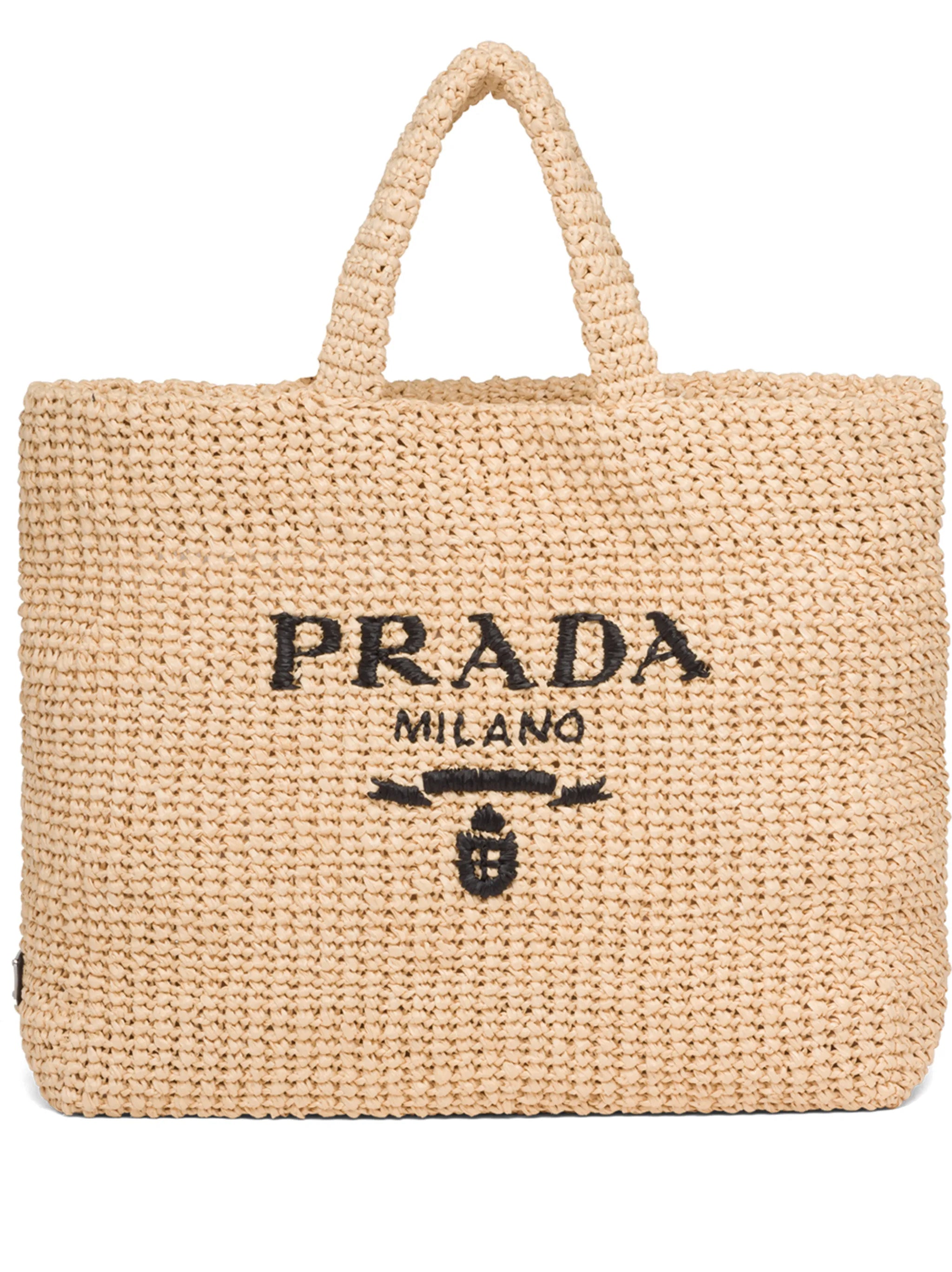 logo-embroidered raffia tote bag