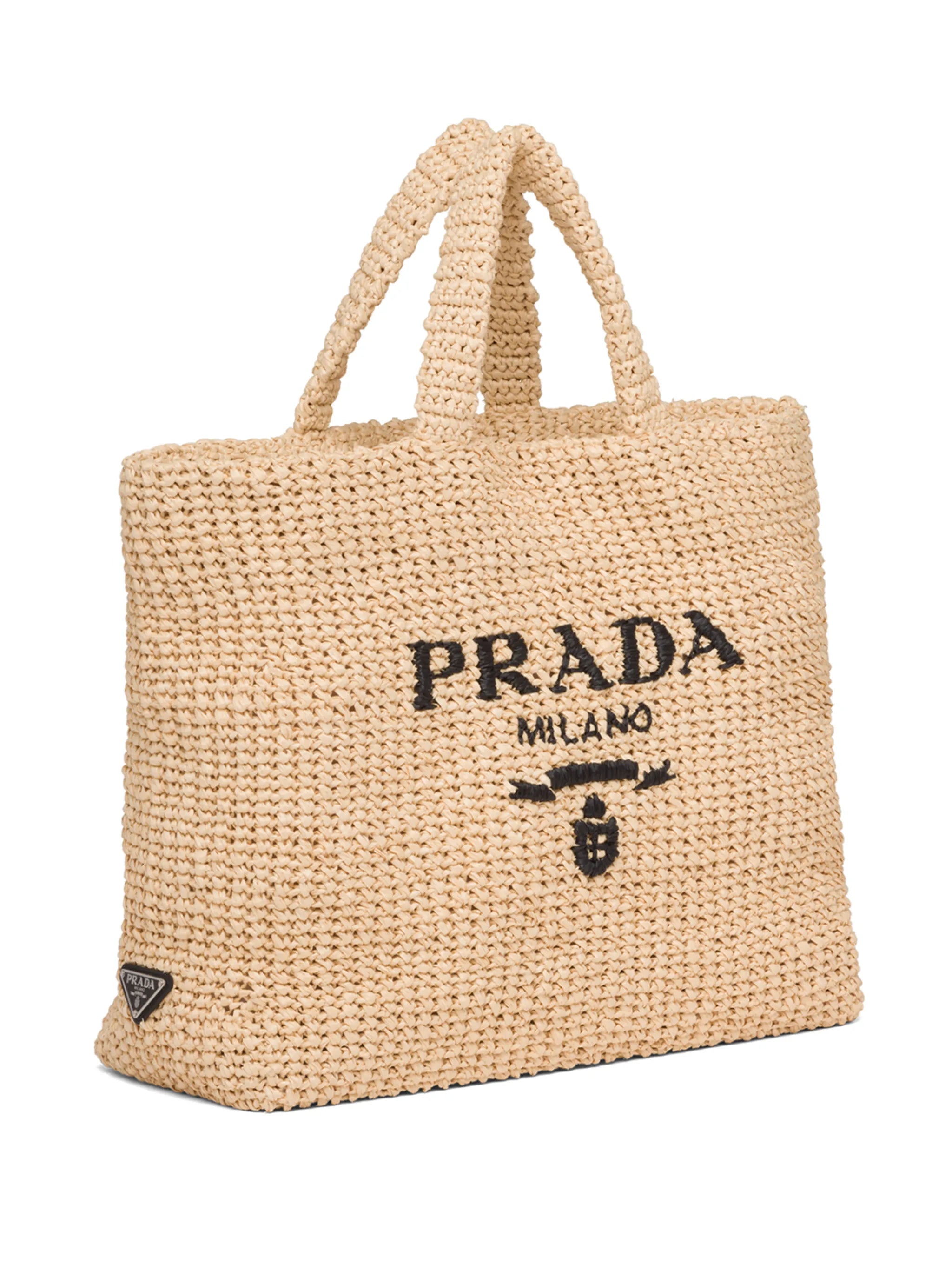 logo-embroidered raffia tote bag
