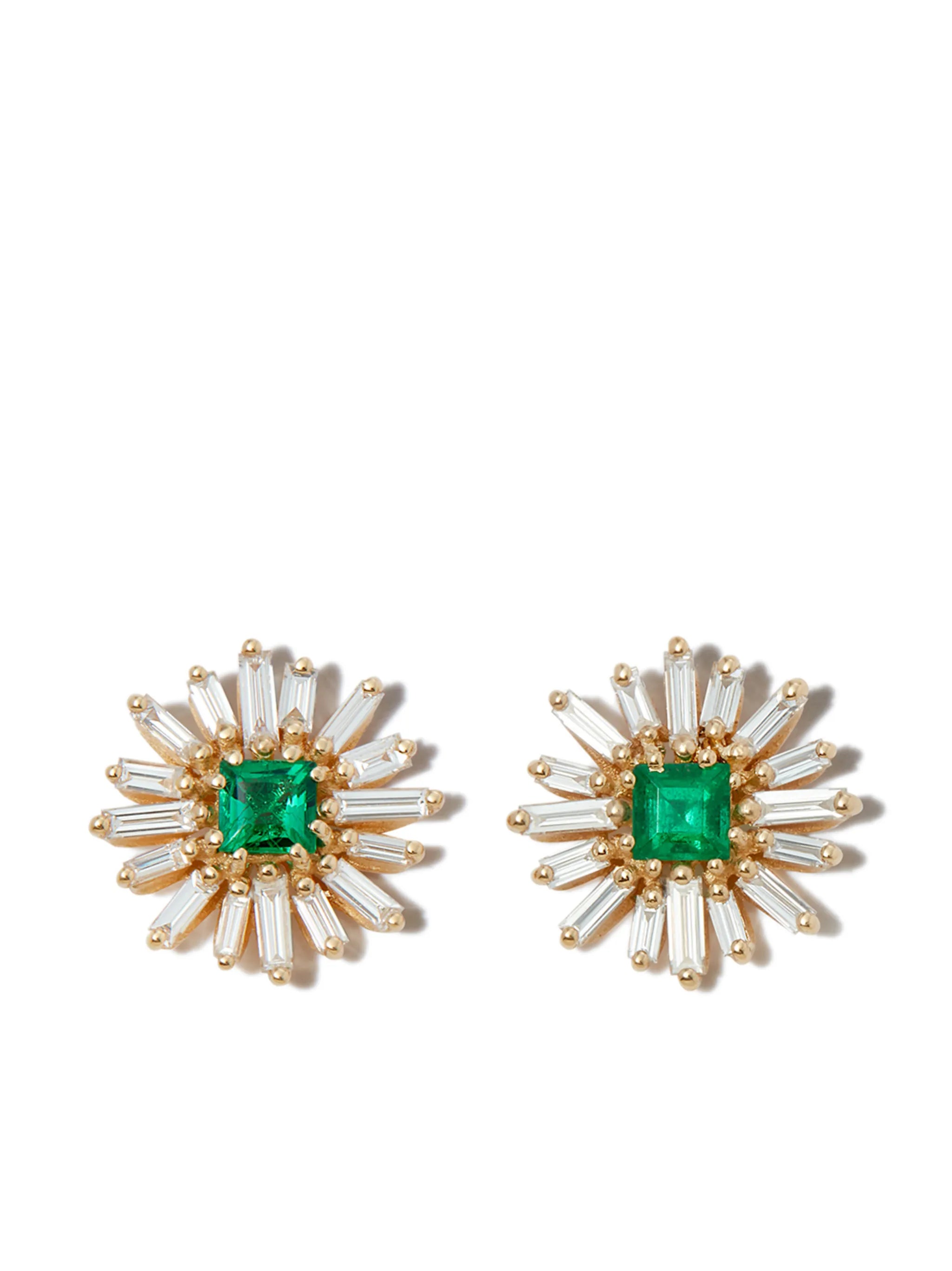 18kt yellow gold Fireworks diamond and emerald stud earrings