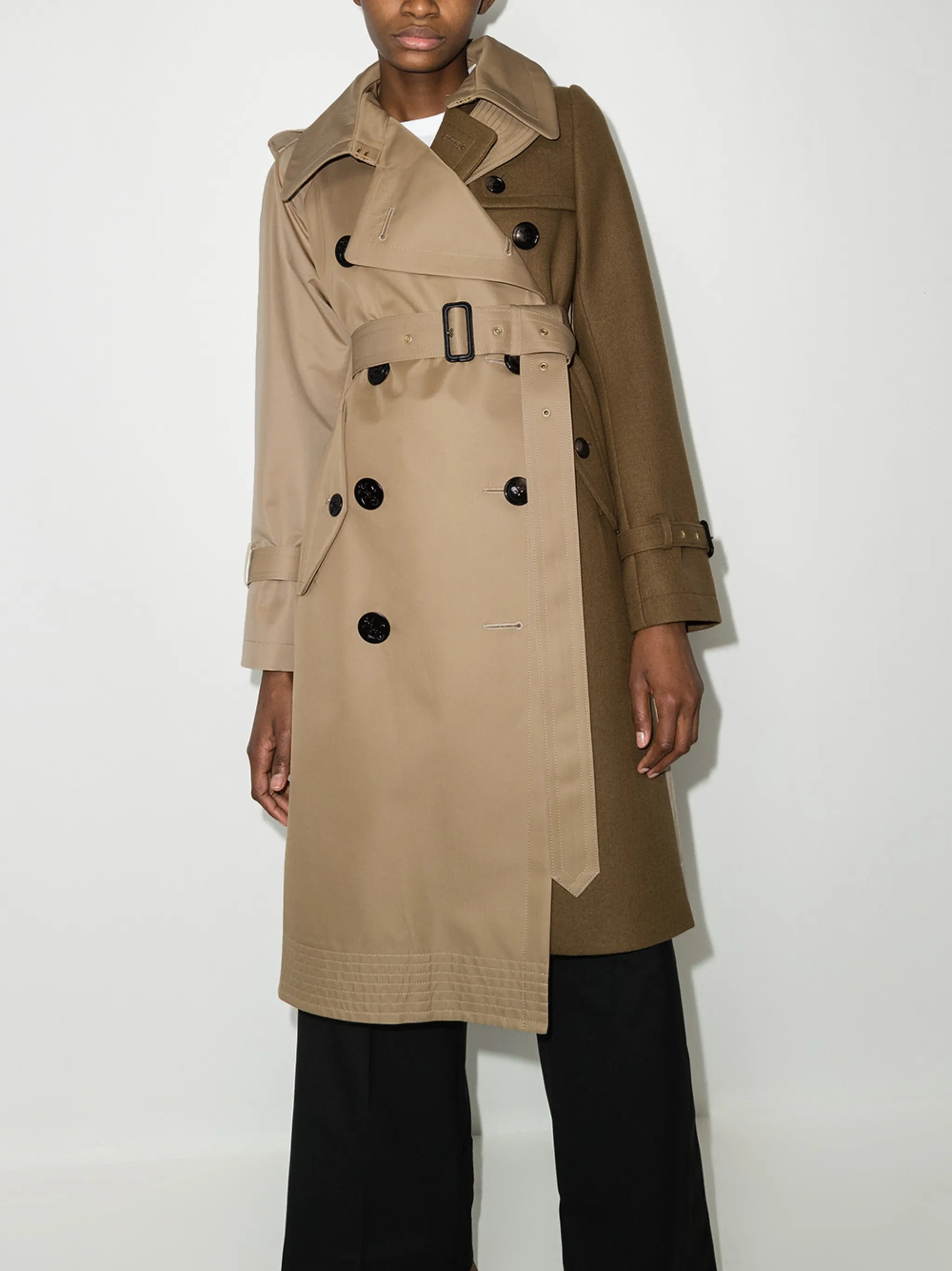 two-tone asymmetric belted trench coat