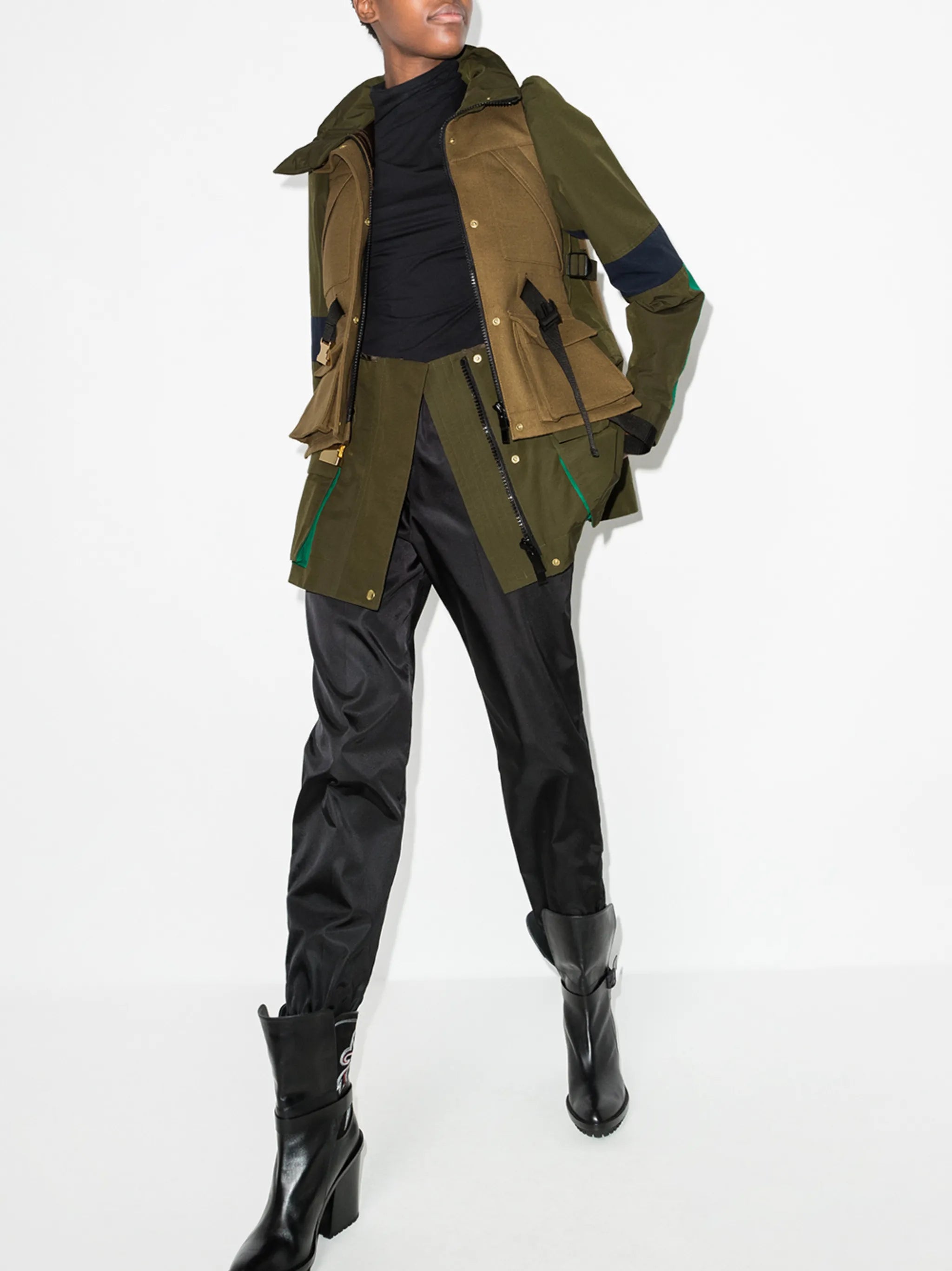 layered belted parka coat