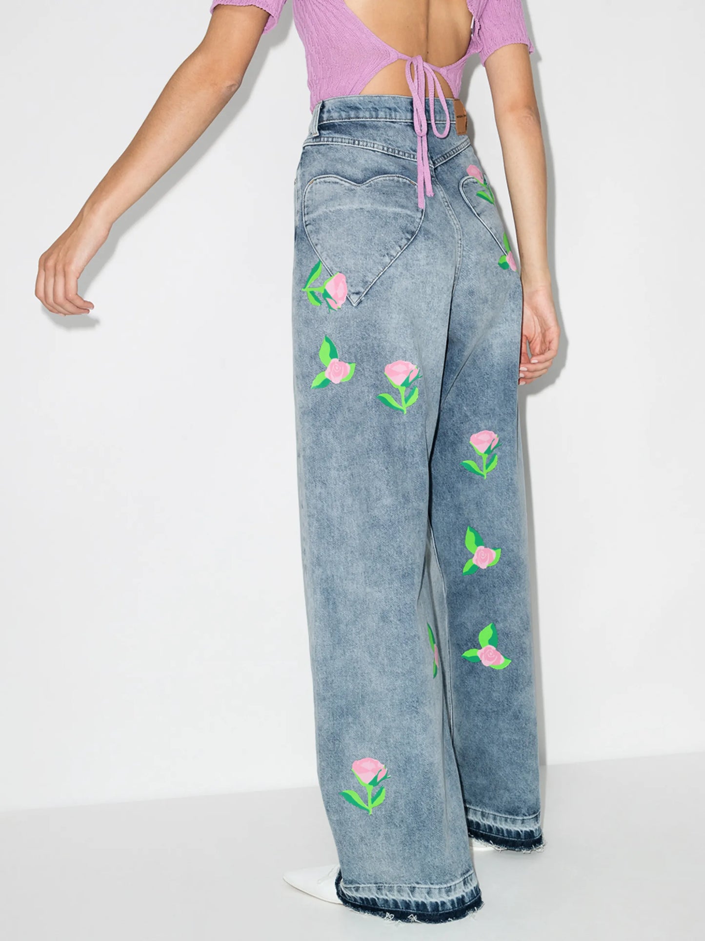 rose-print wide-leg jeans