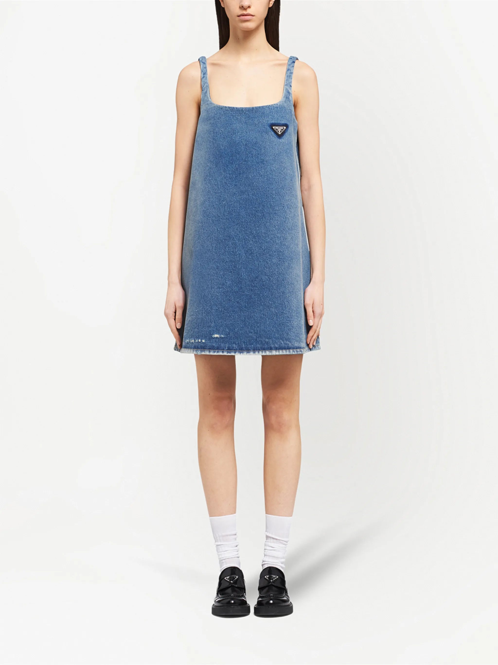 logo-plaque flared denim dress
