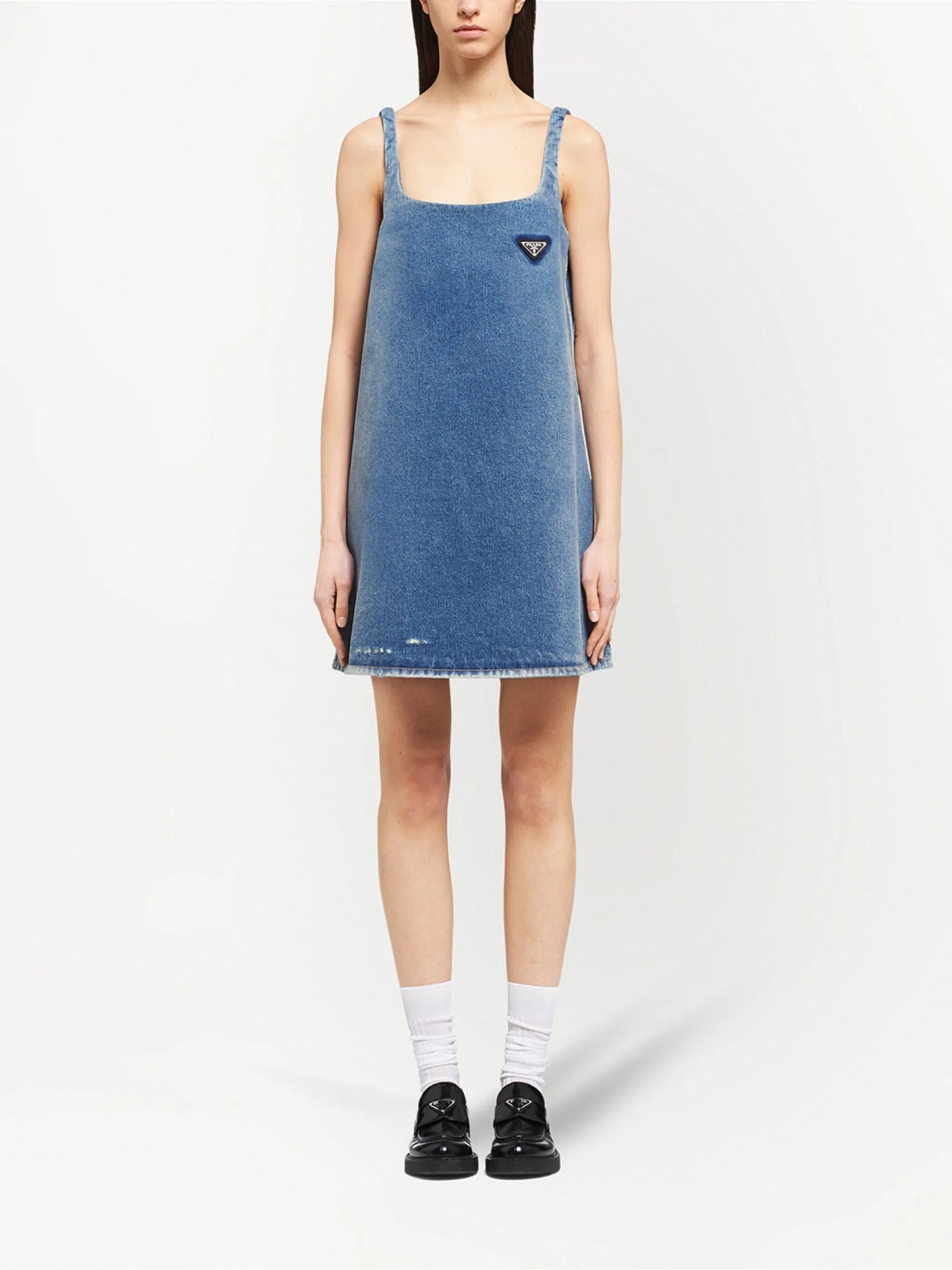 logo-plaque flared denim dress