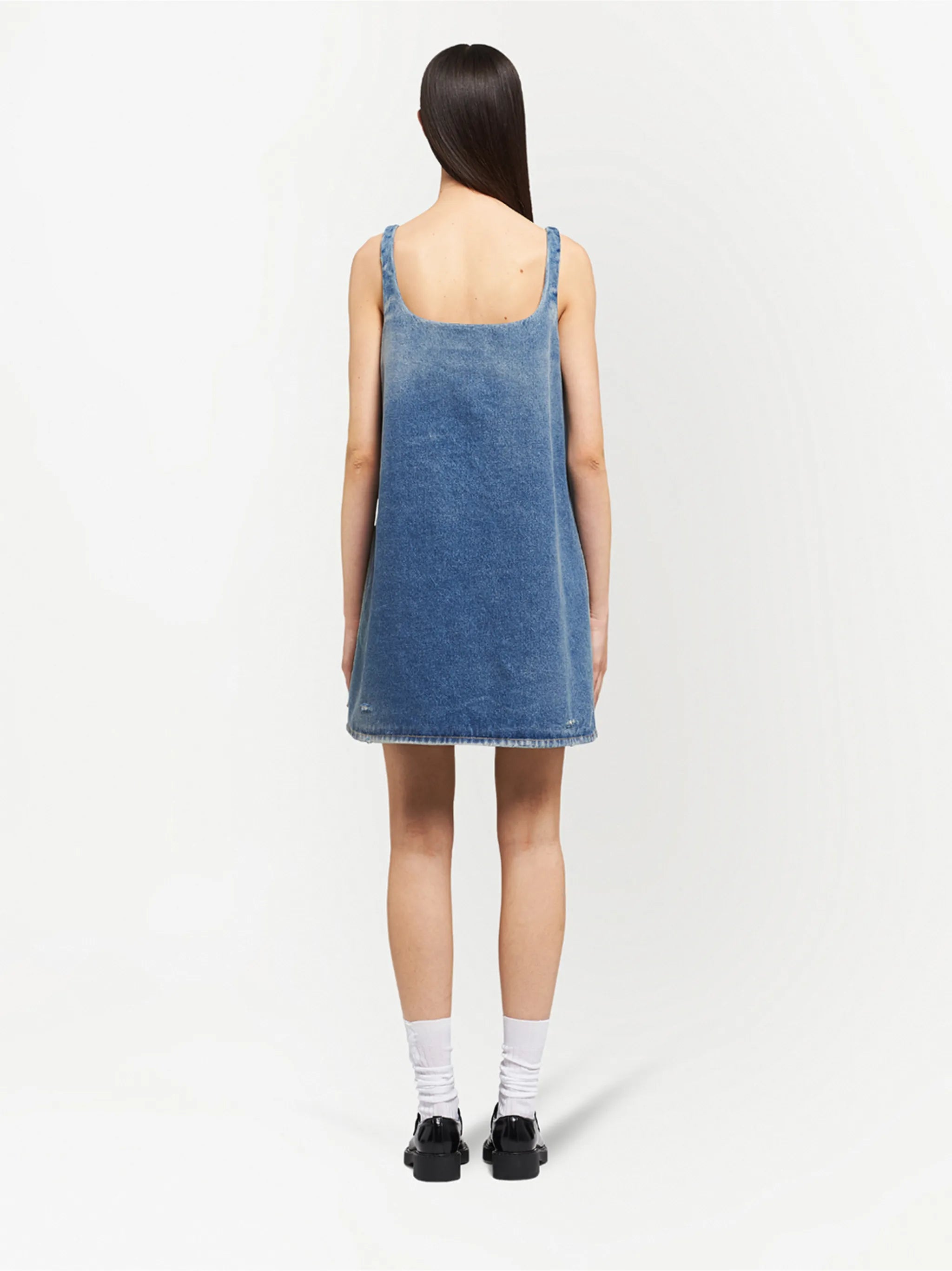 logo-plaque flared denim dress