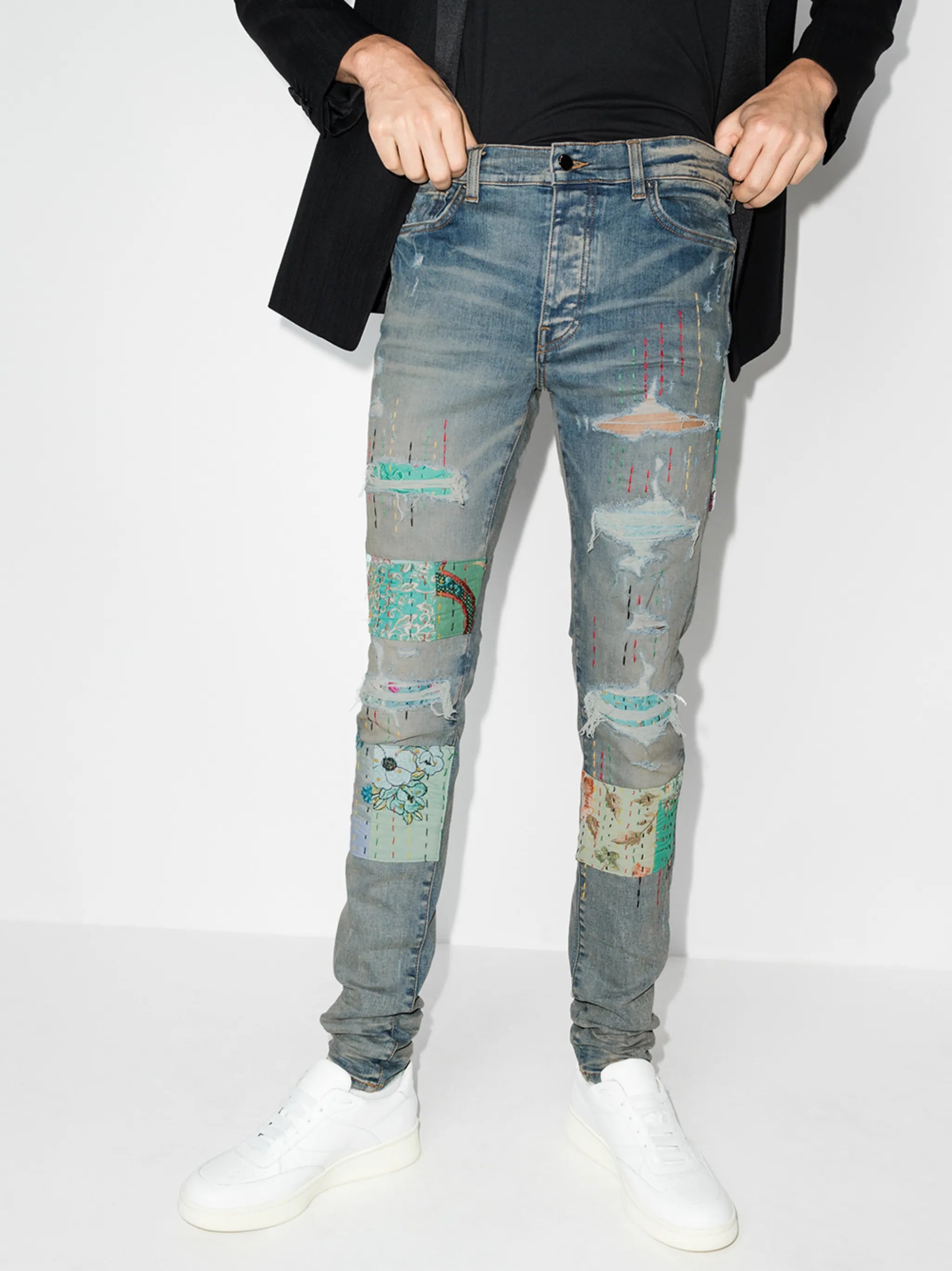 quilted patch-detail slim-fit jeans