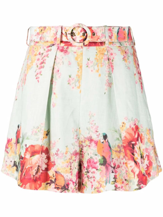 belted floral-print shorts