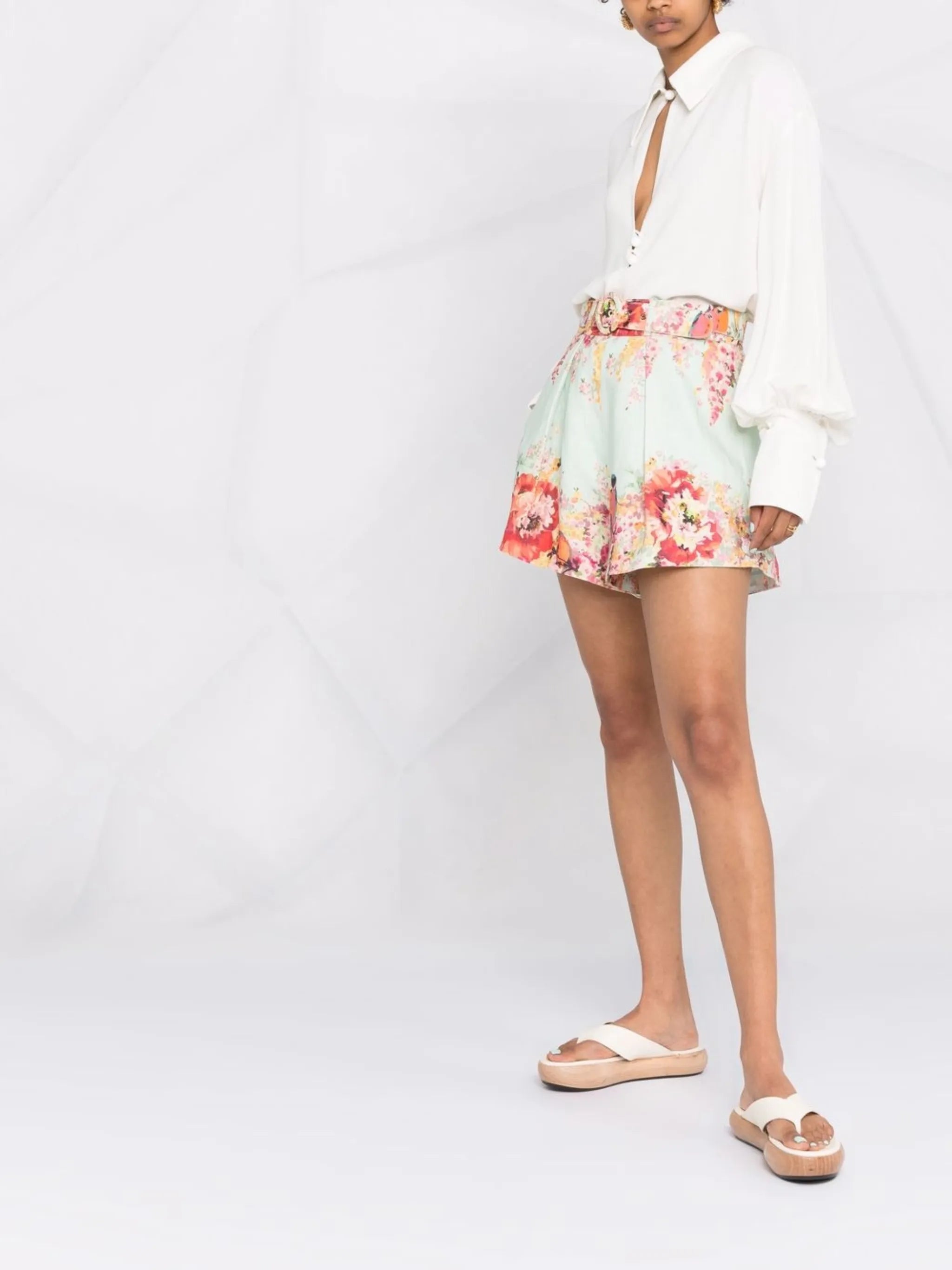belted floral-print shorts
