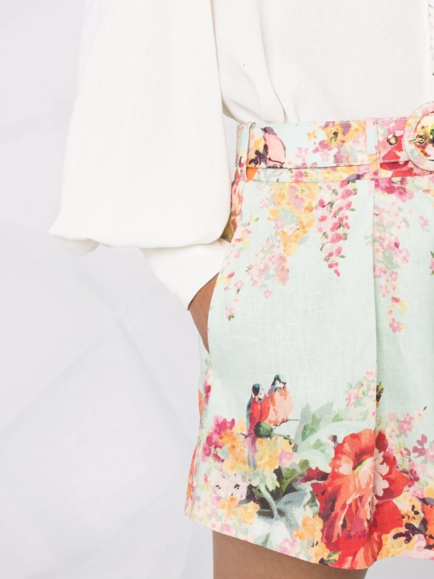 belted floral-print shorts