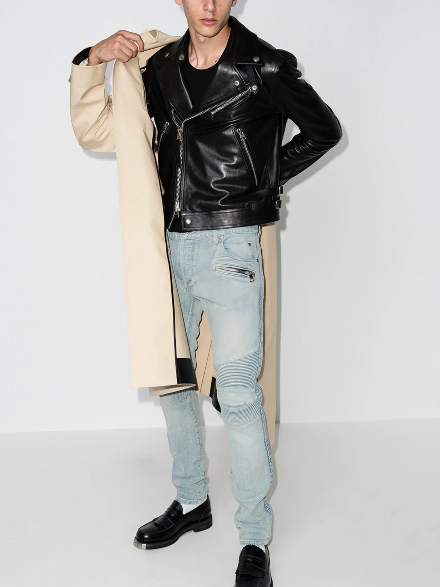 slim-cut faded biker jeans