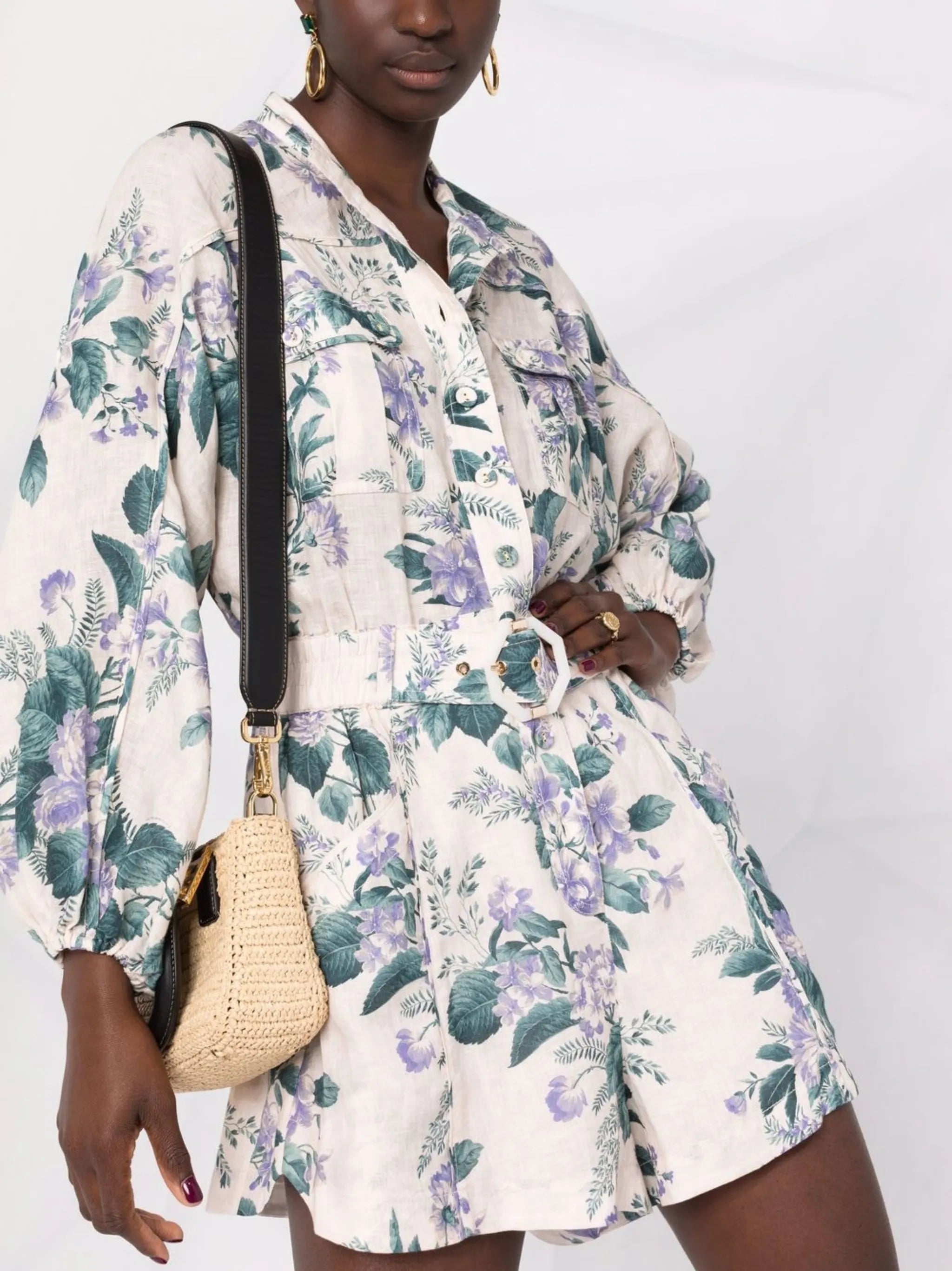 floral-print belted-waist playsuit