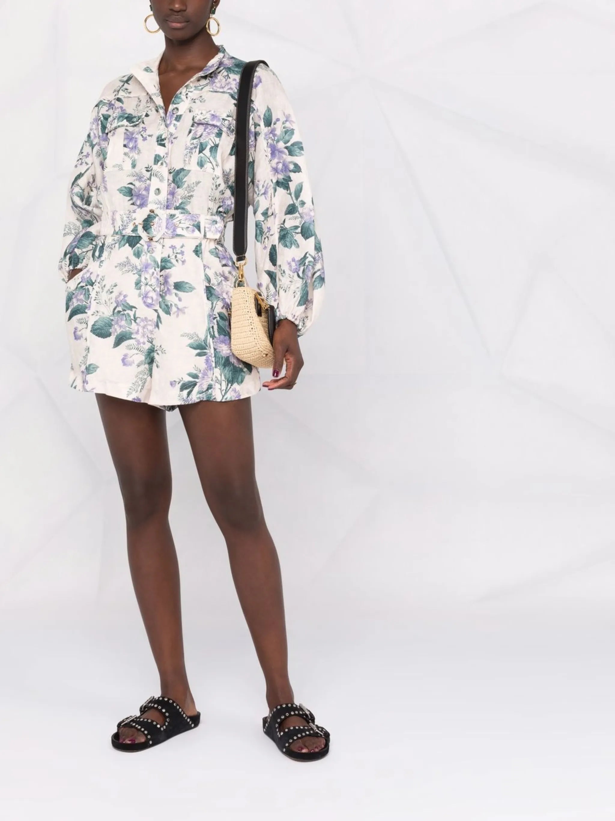 floral-print belted-waist playsuit