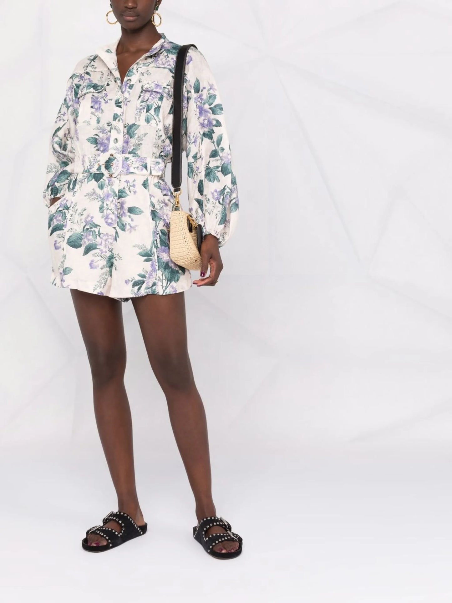 floral-print belted-waist playsuit