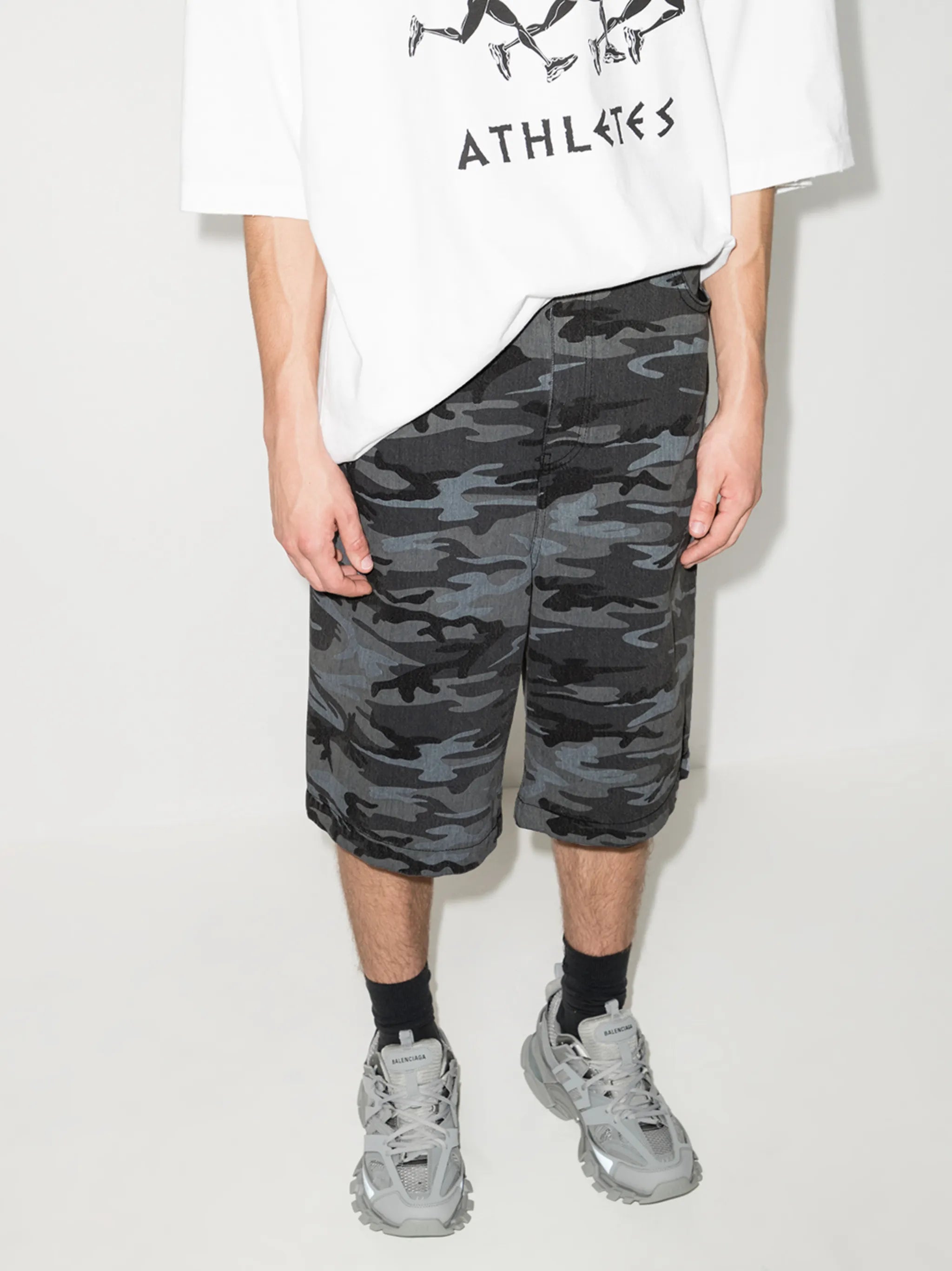 camo print dropped crotch shorts