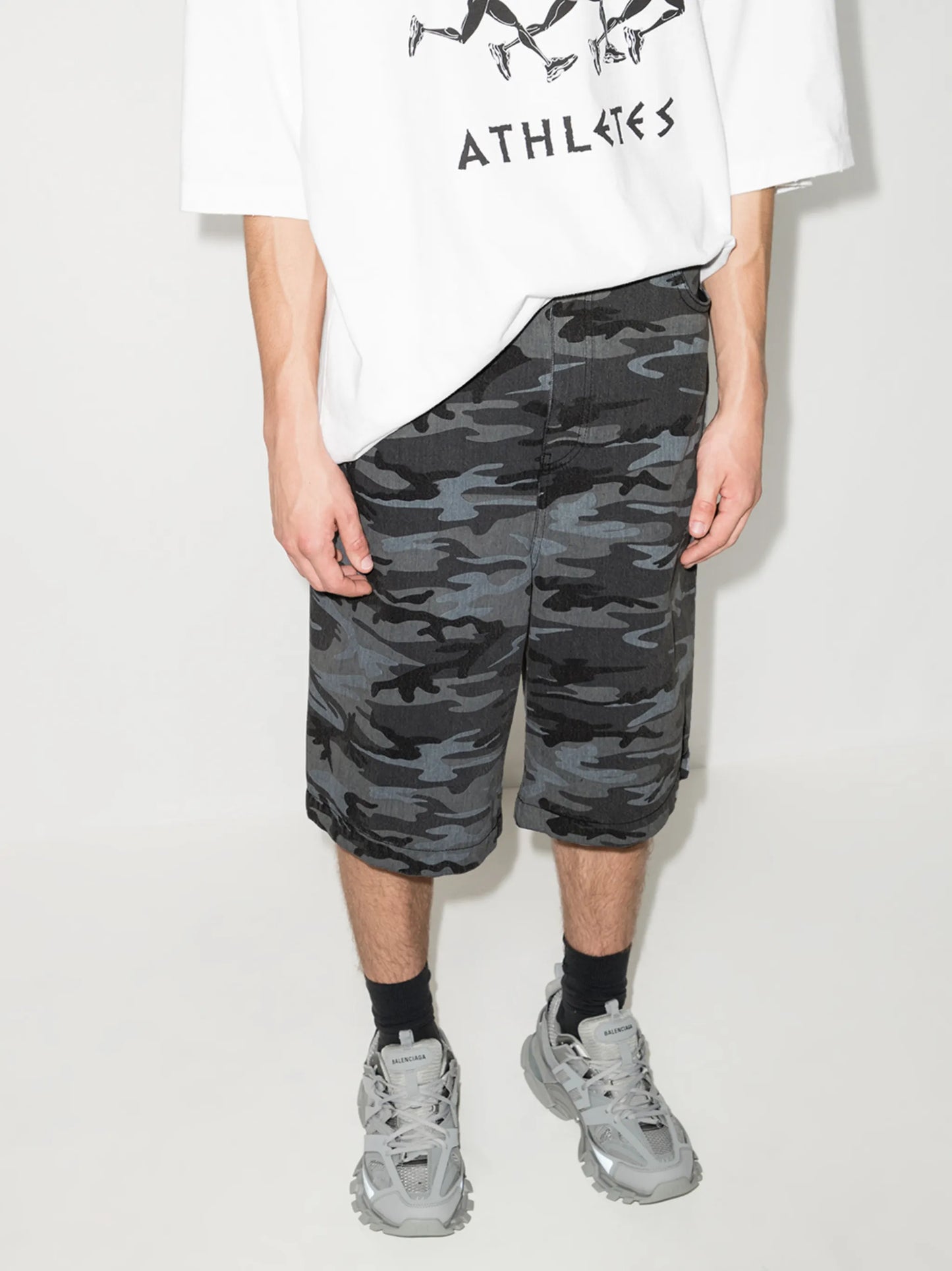 camo print dropped crotch shorts