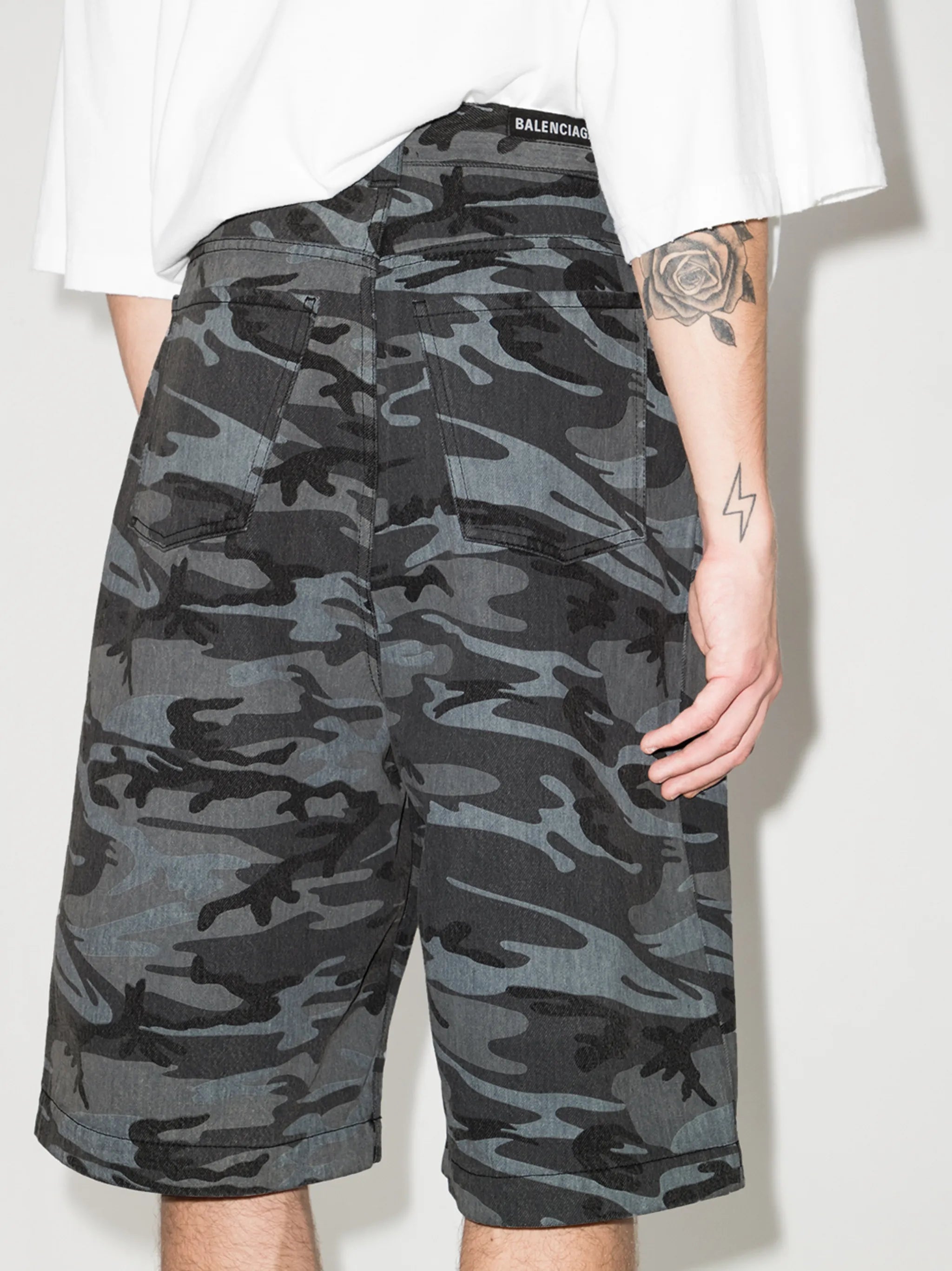 camo print dropped crotch shorts