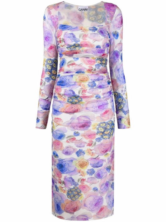 floral-print ruched dress