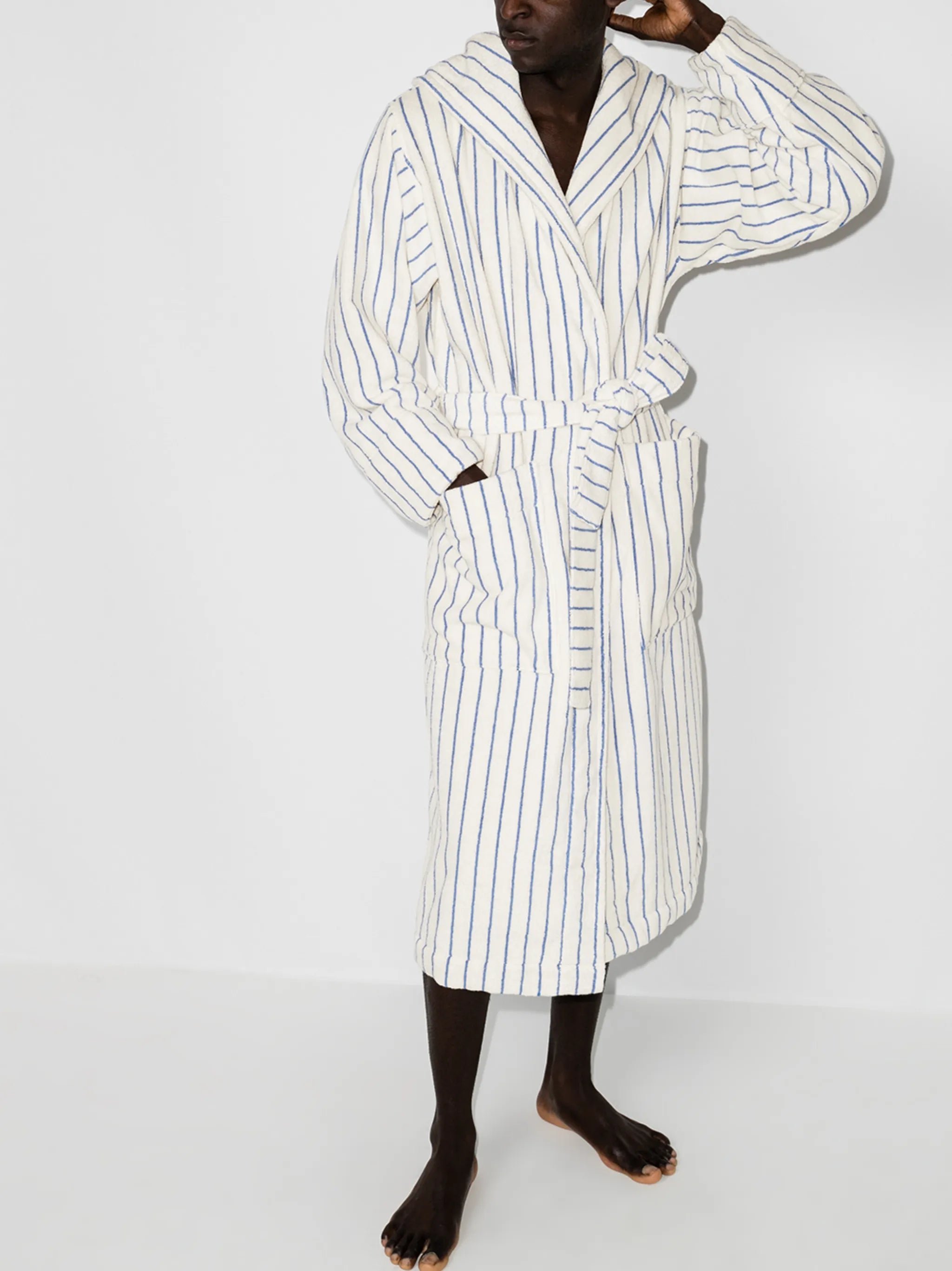 striped belted hooded bathrobe