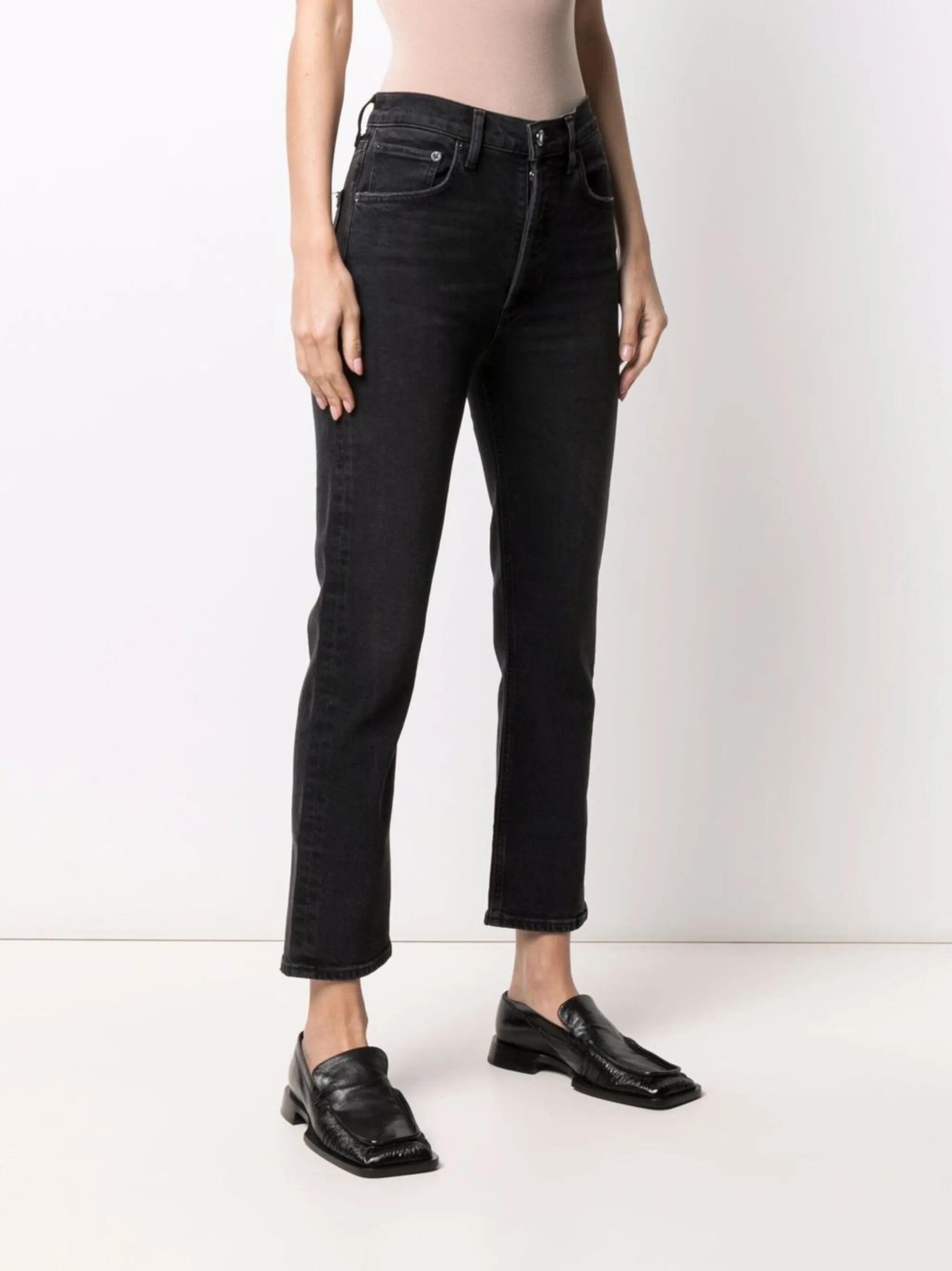 high-waisted straight-leg jeans
