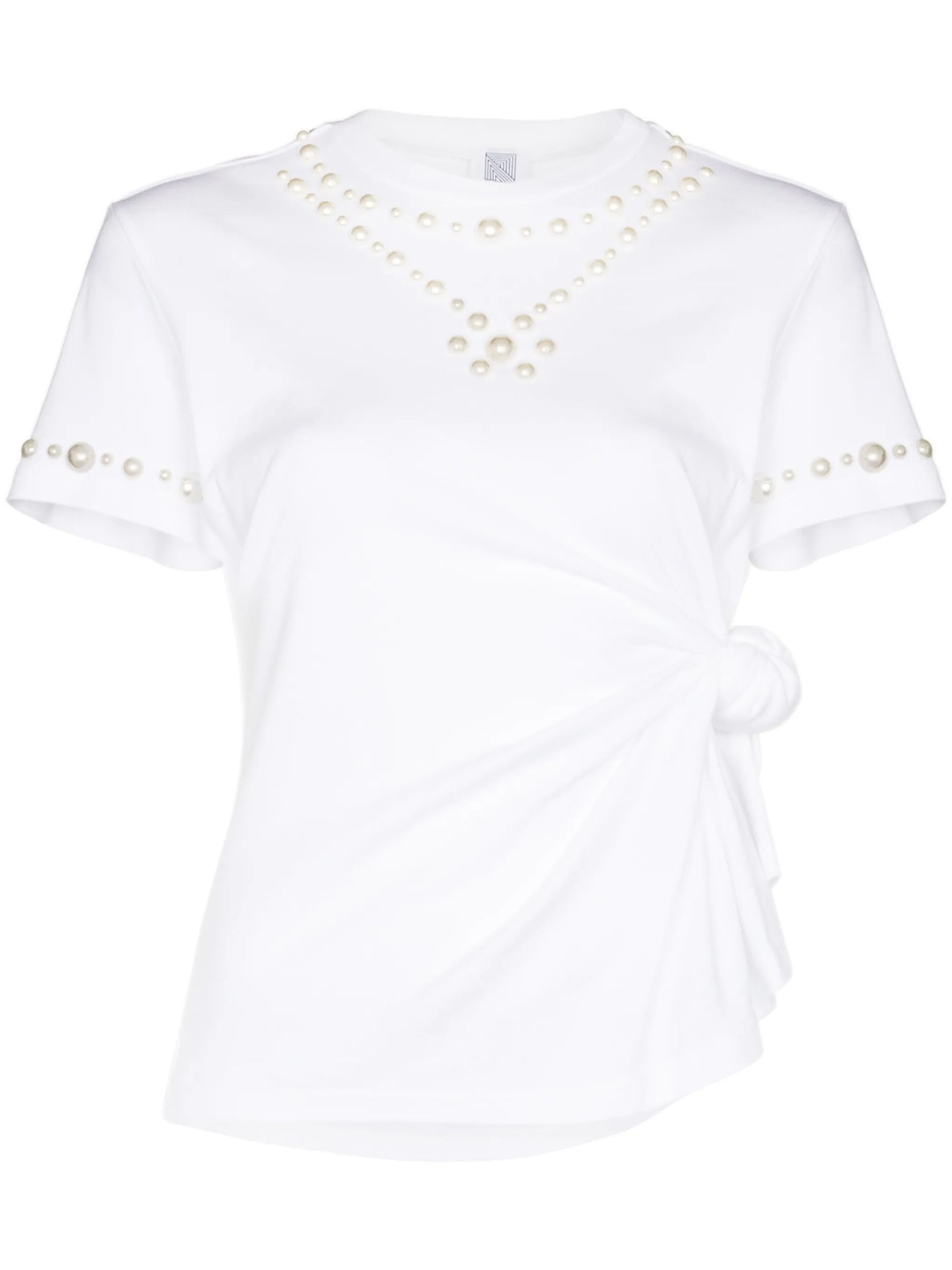 pearl-embellished knotted T-shirt