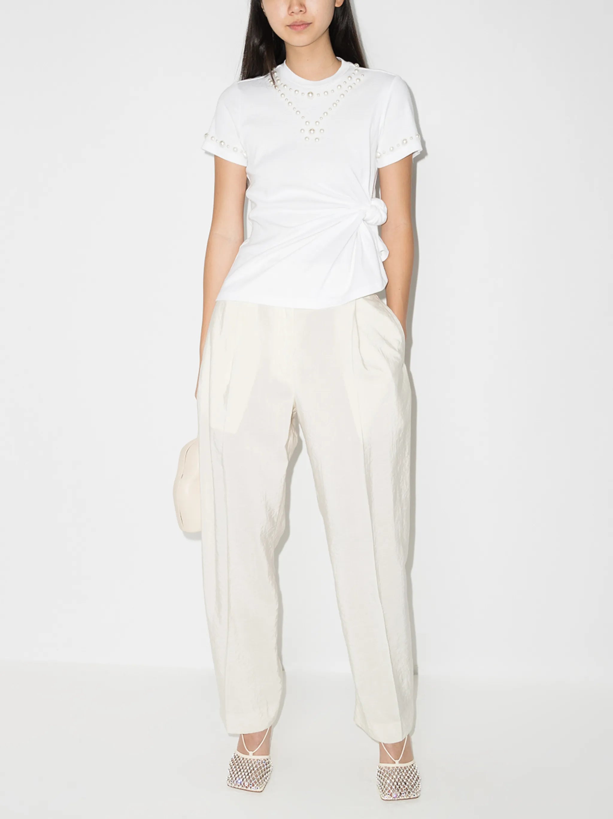 pearl-embellished knotted T-shirt
