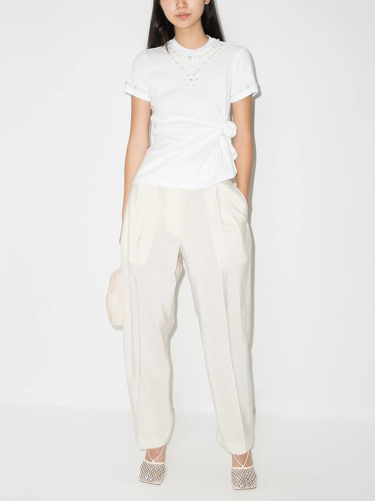 pearl-embellished knotted T-shirt