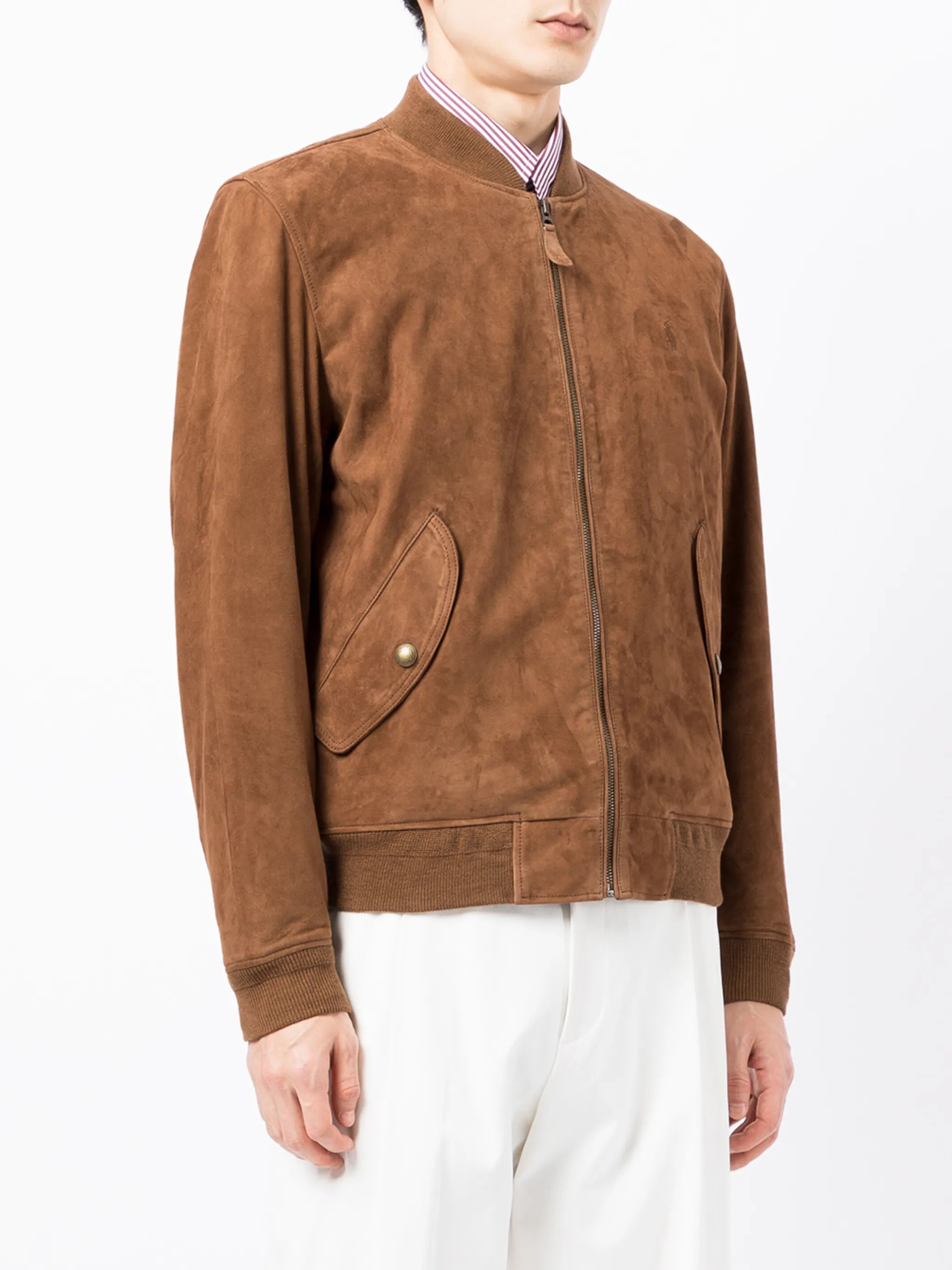 embroidered-logo suede bomber jacket