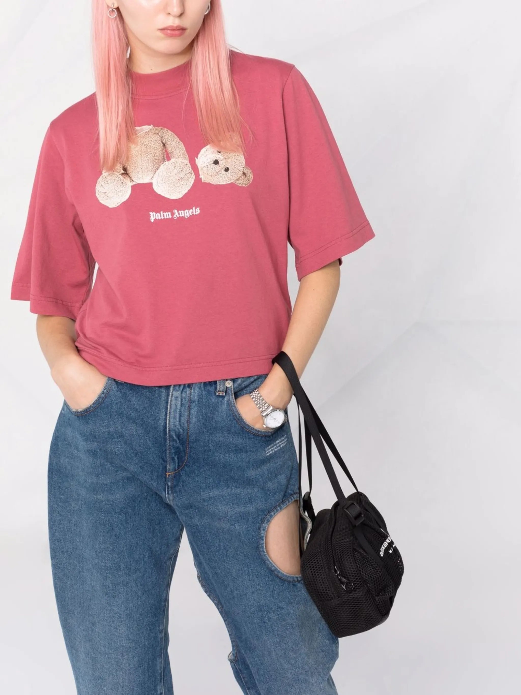 bear-print cropped T-shirt
