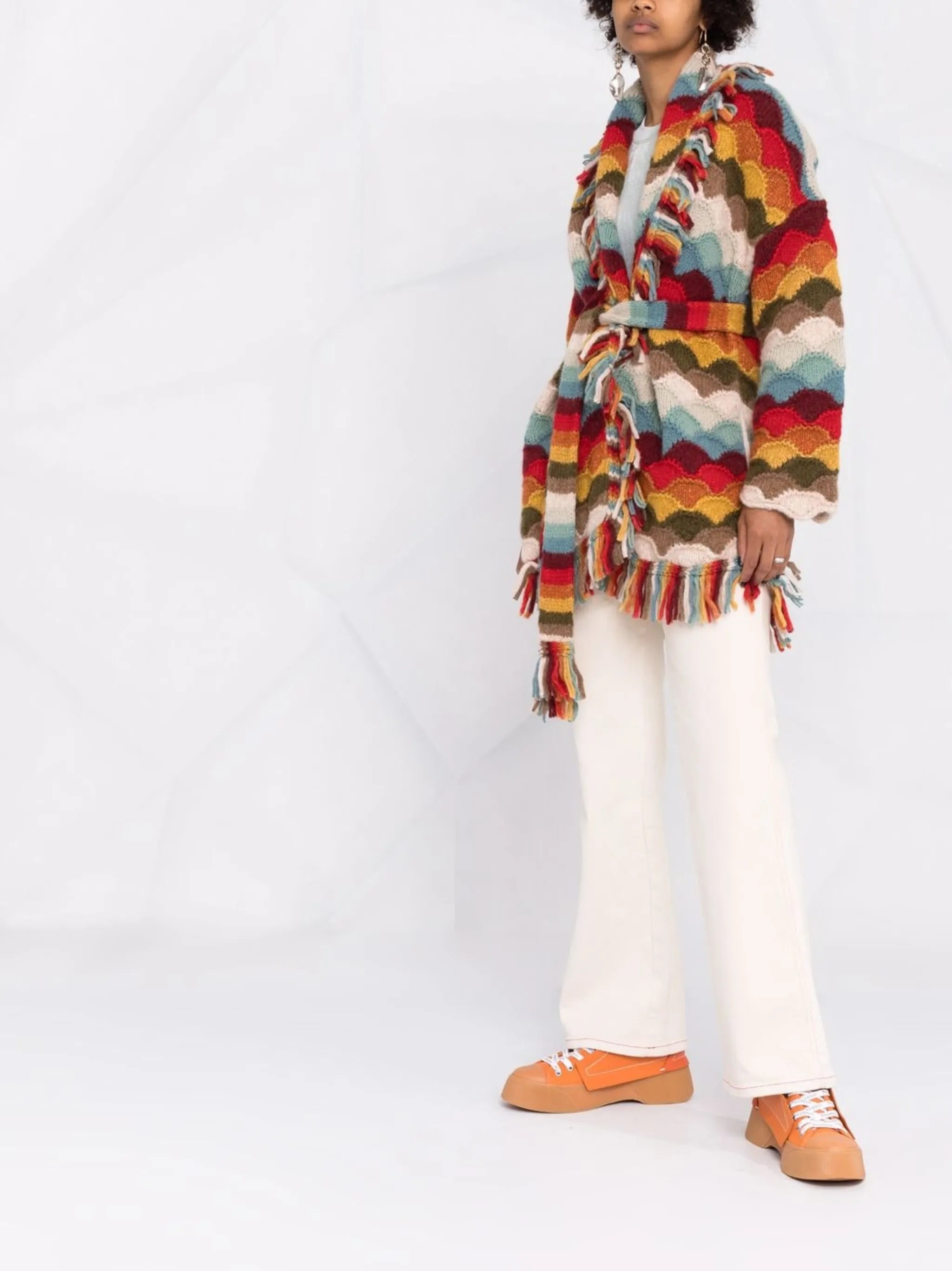striped tie-fastening cardigan