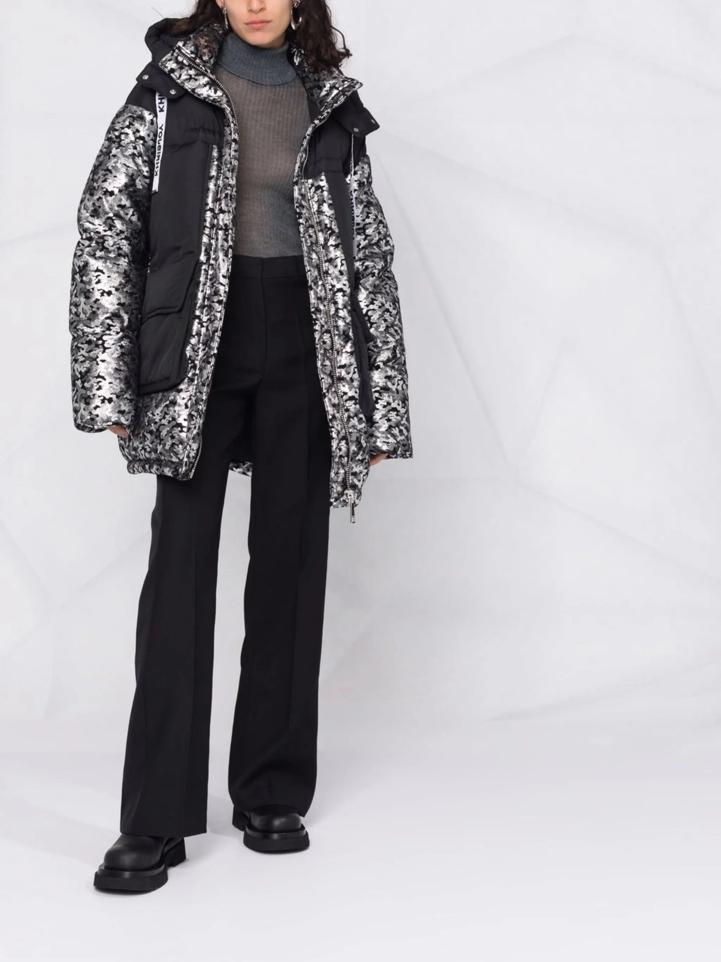 camouflage-print padded parka coat