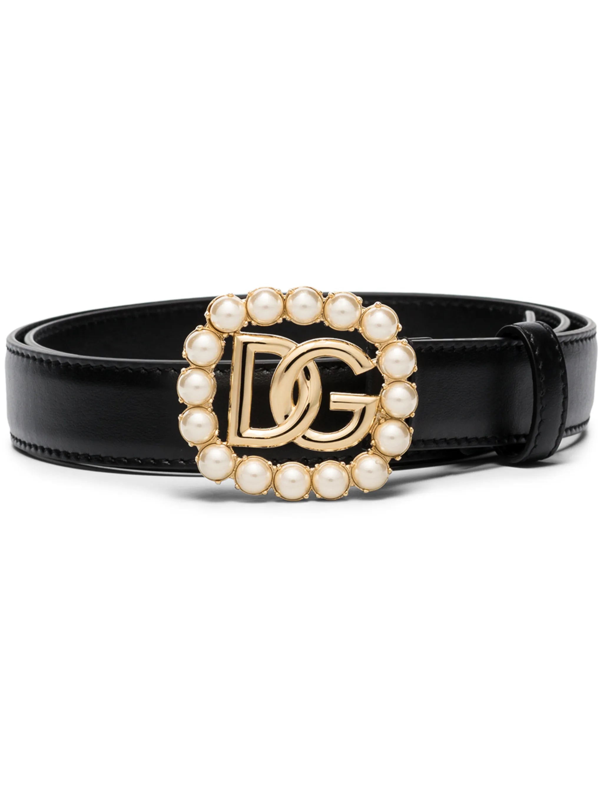 logo-buckle pearl embellished leather belt