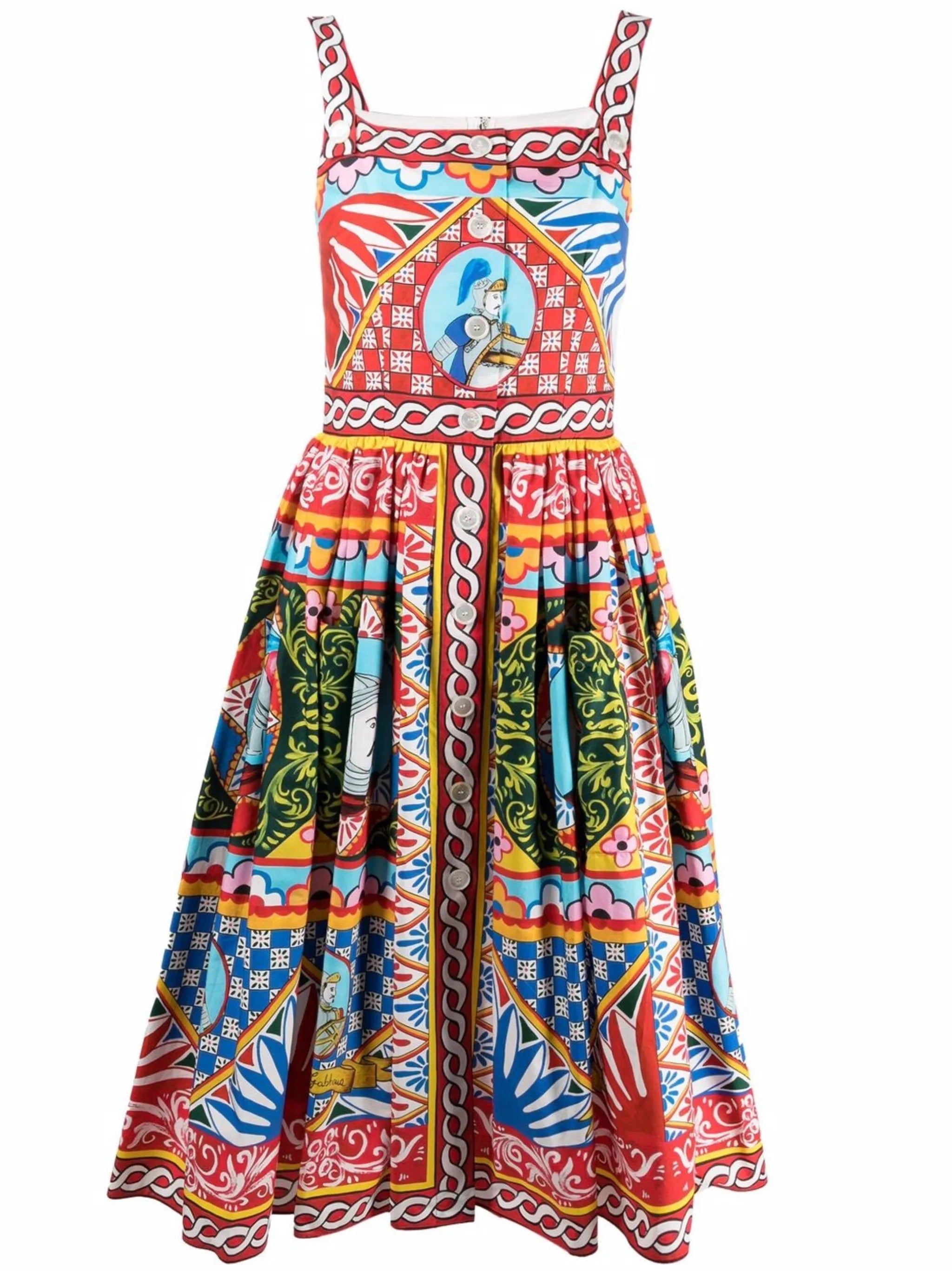 Carretto-print flared midi dress