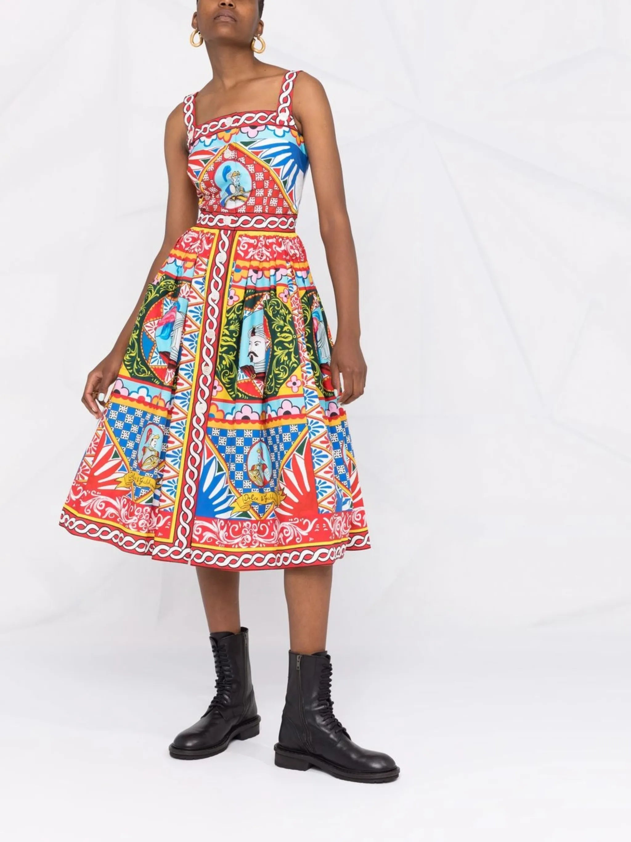 Carretto-print flared midi dress