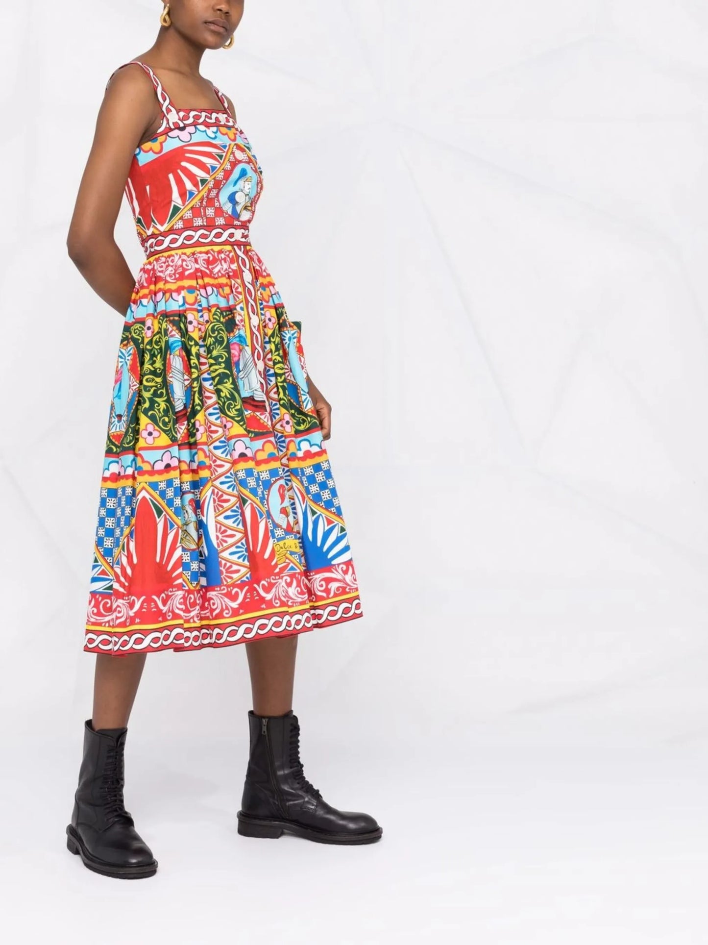 Carretto-print flared midi dress