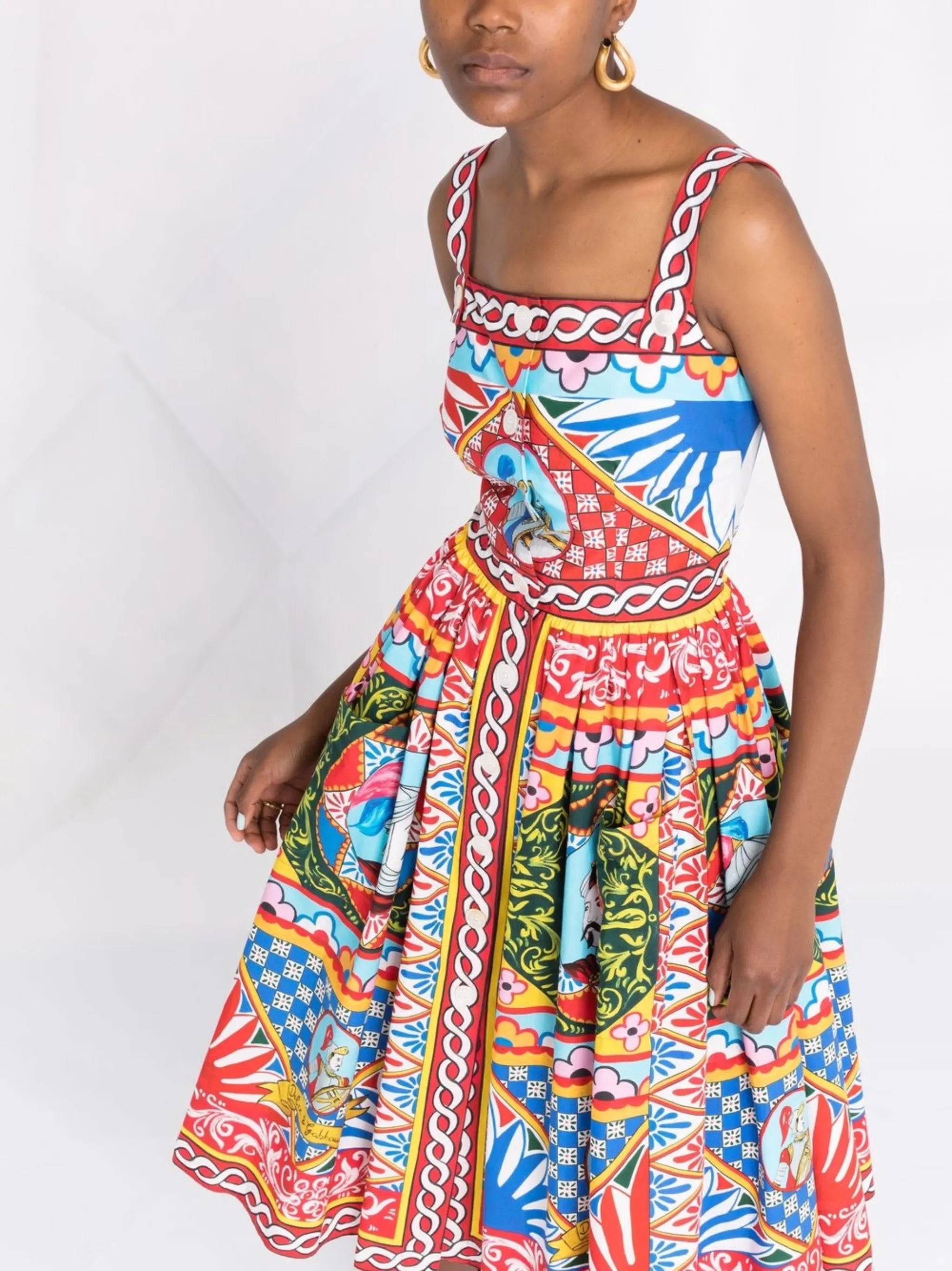 Carretto-print flared midi dress
