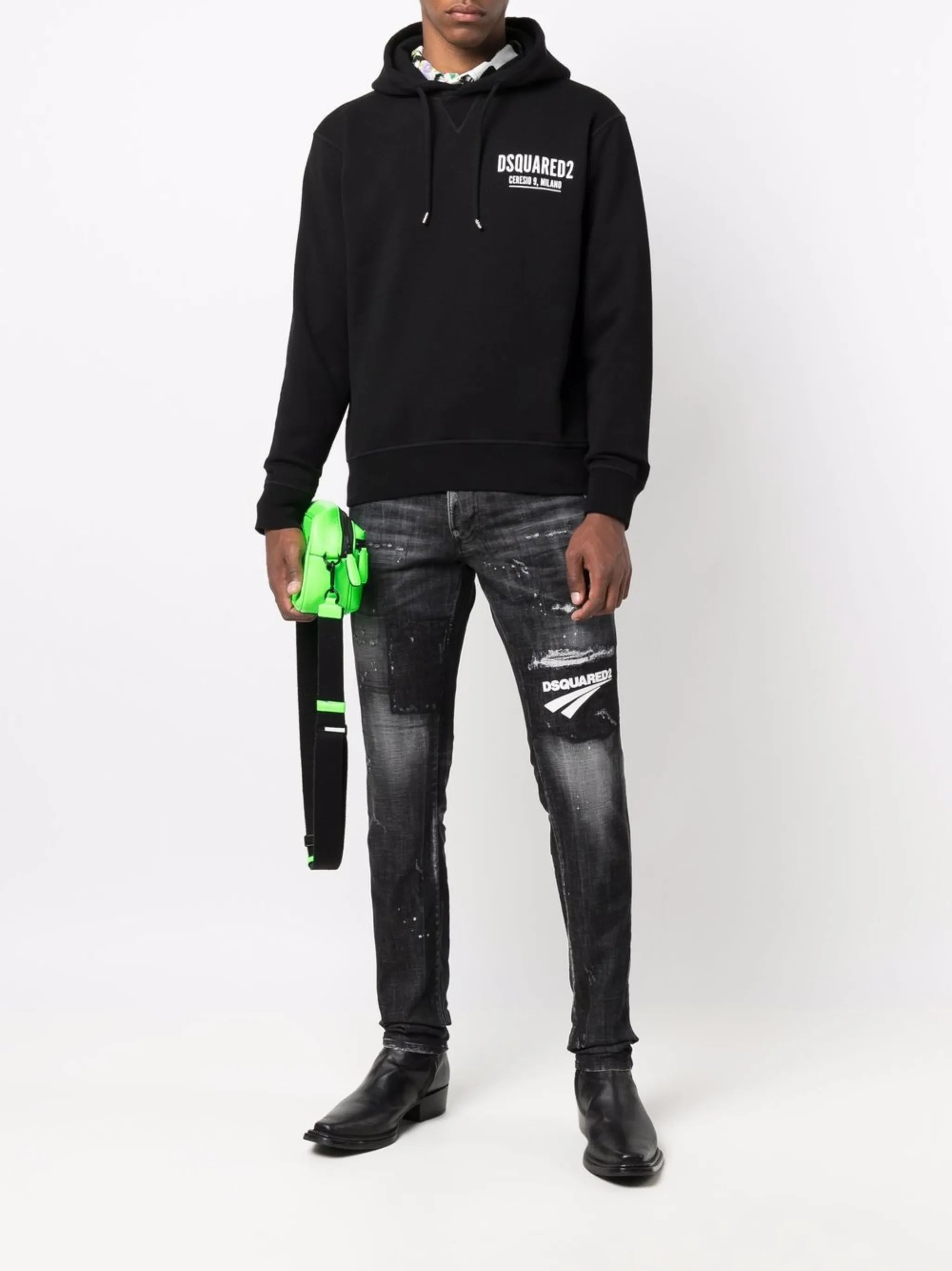 distressed logo patch jeans