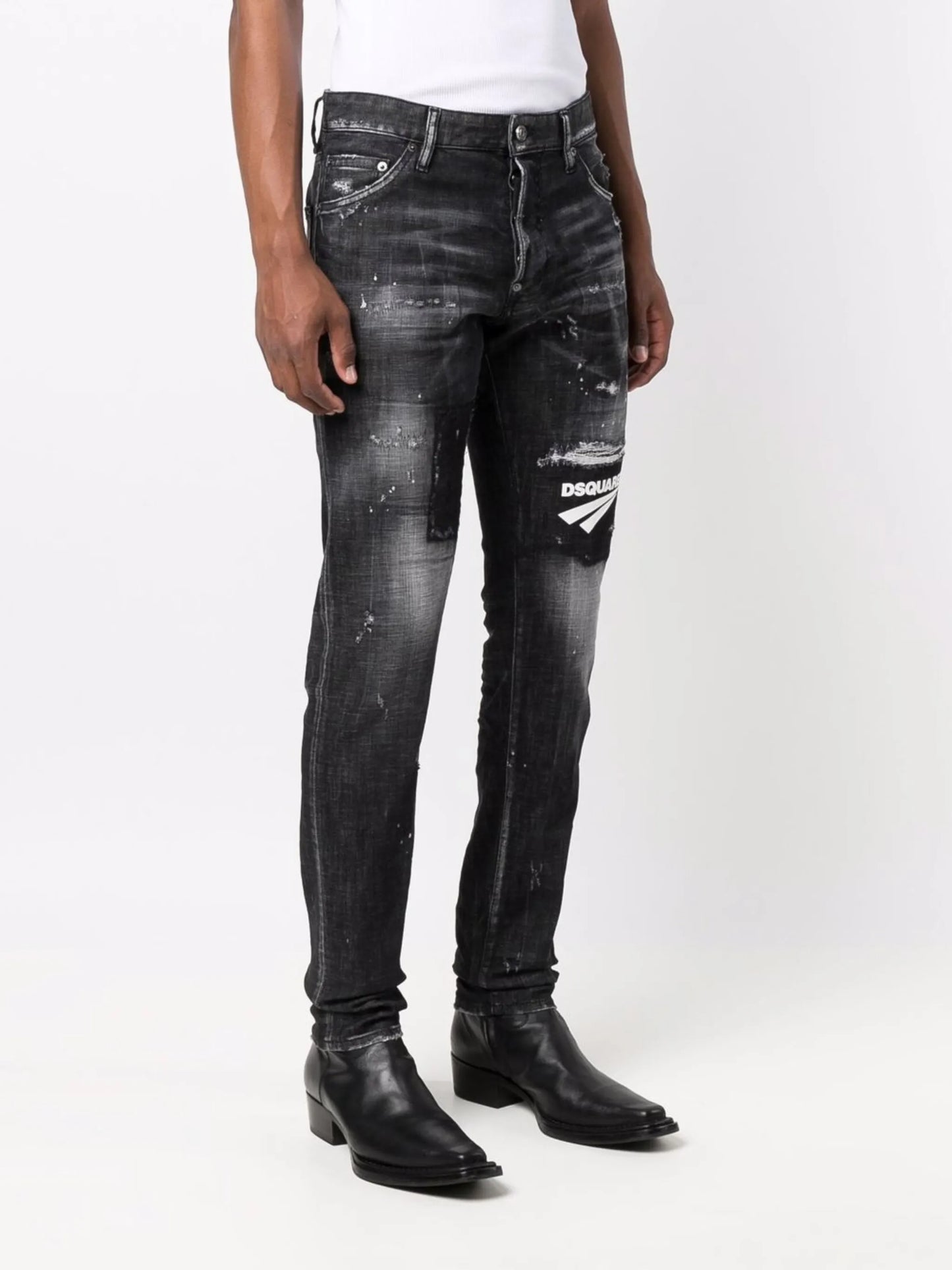 distressed logo patch jeans