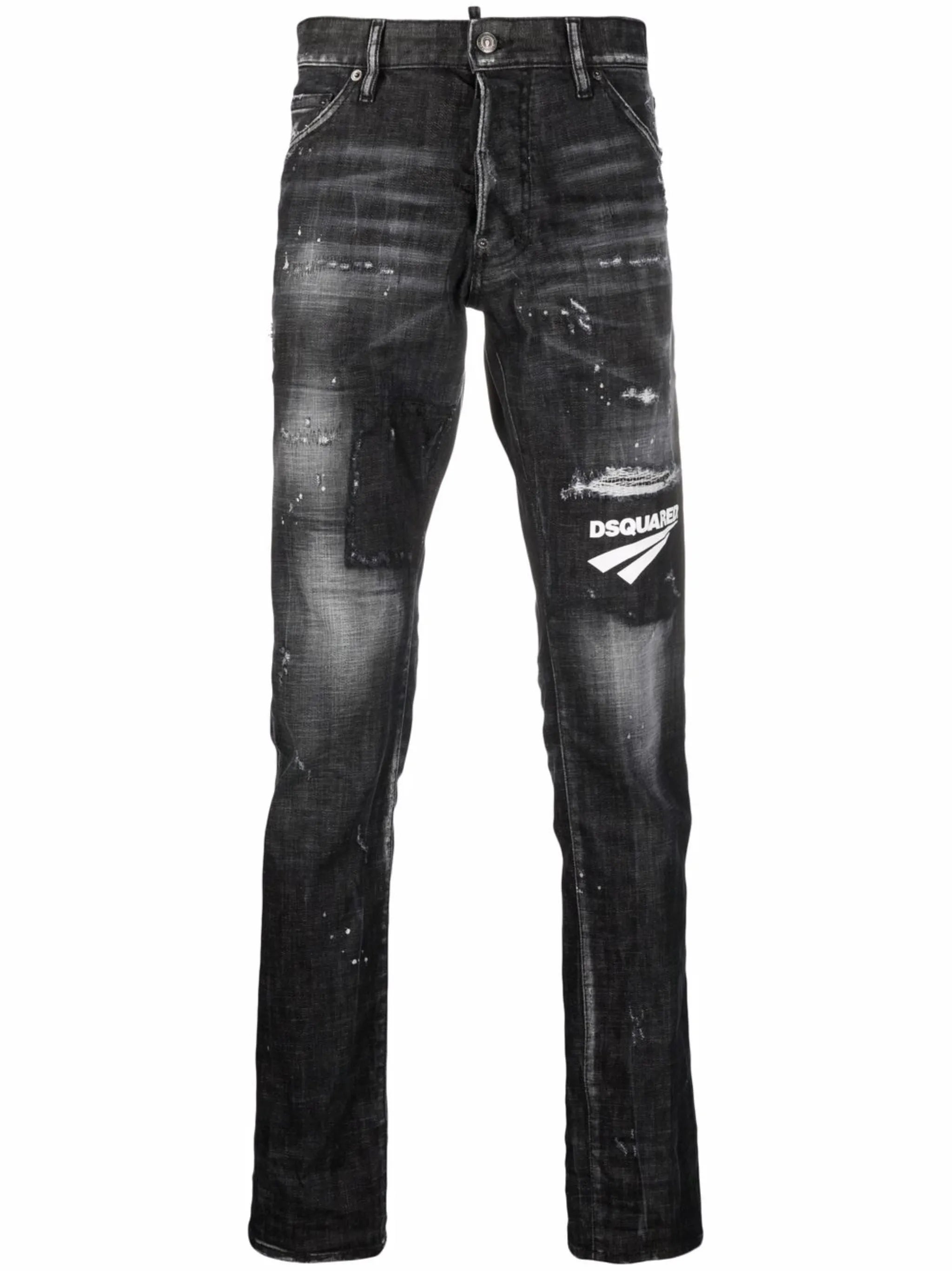 distressed logo patch jeans