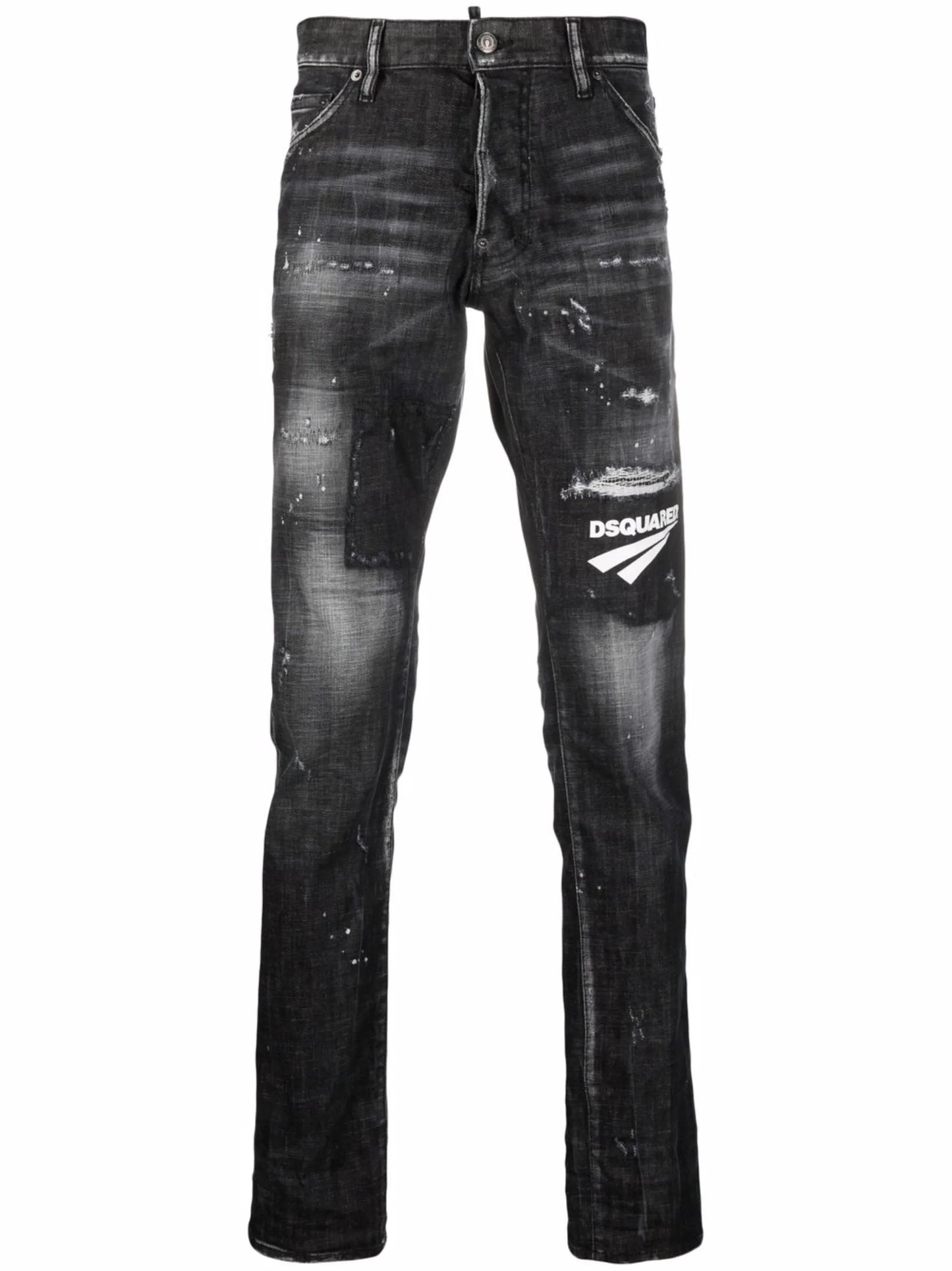 distressed logo patch jeans