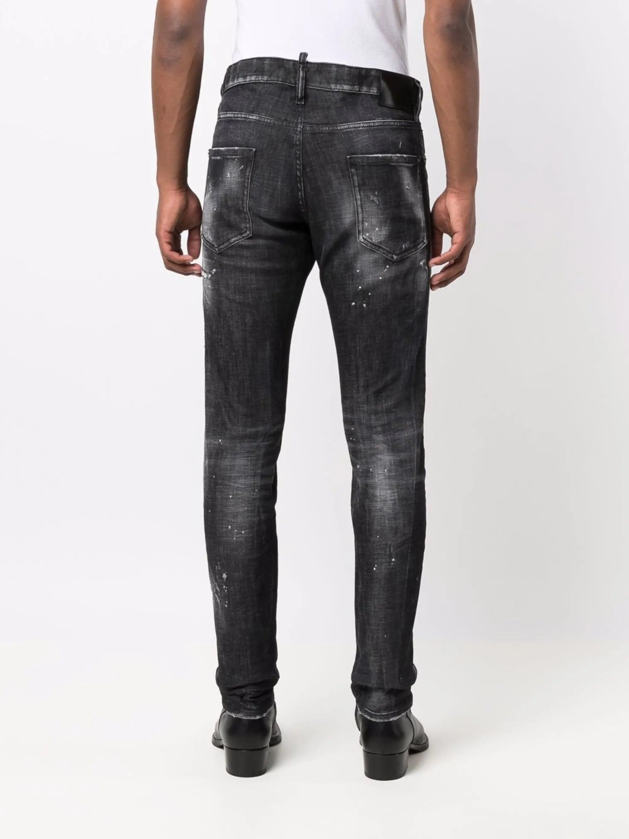 distressed logo patch jeans