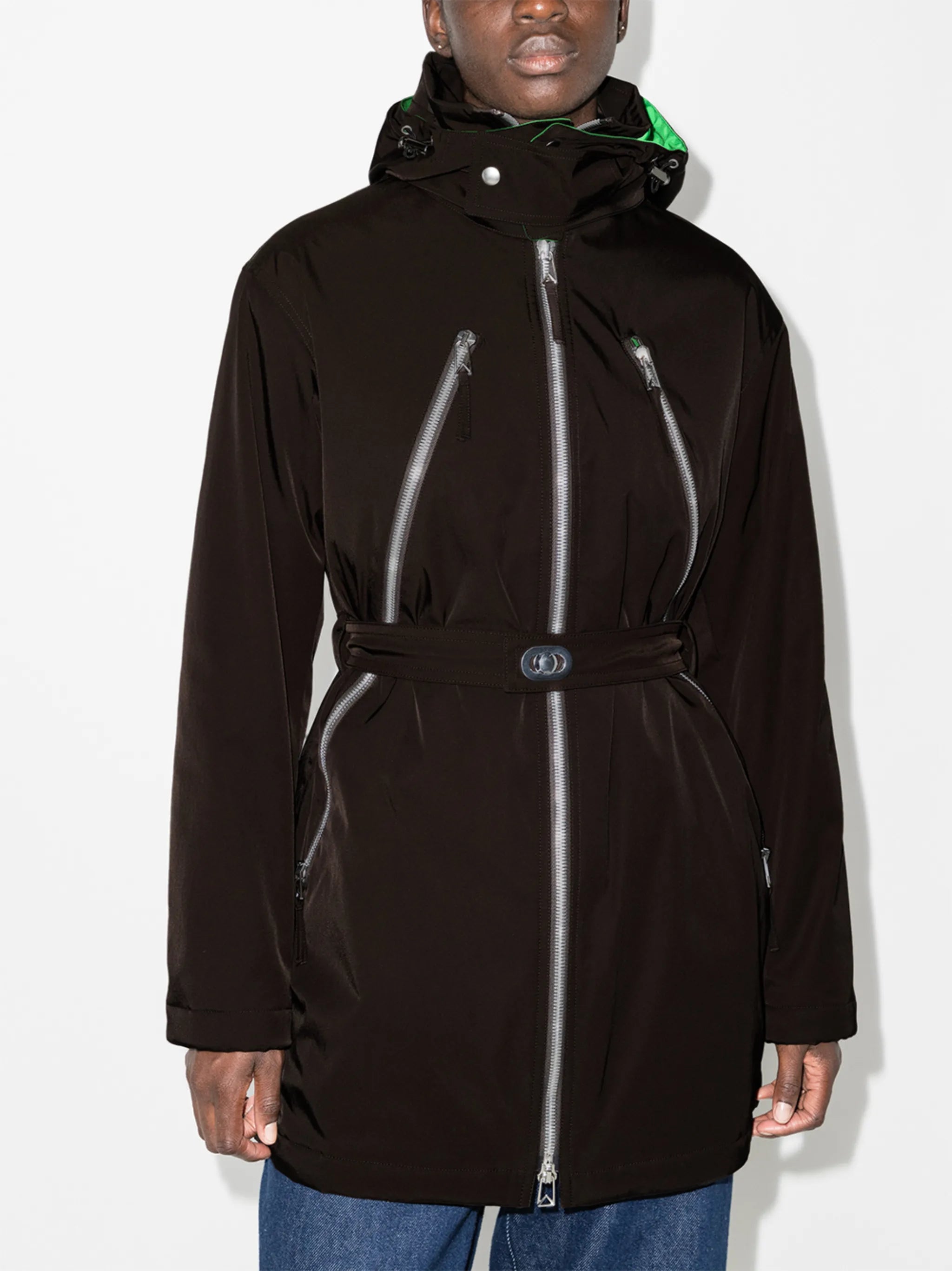 contrast-trim zip-detail hooded coat