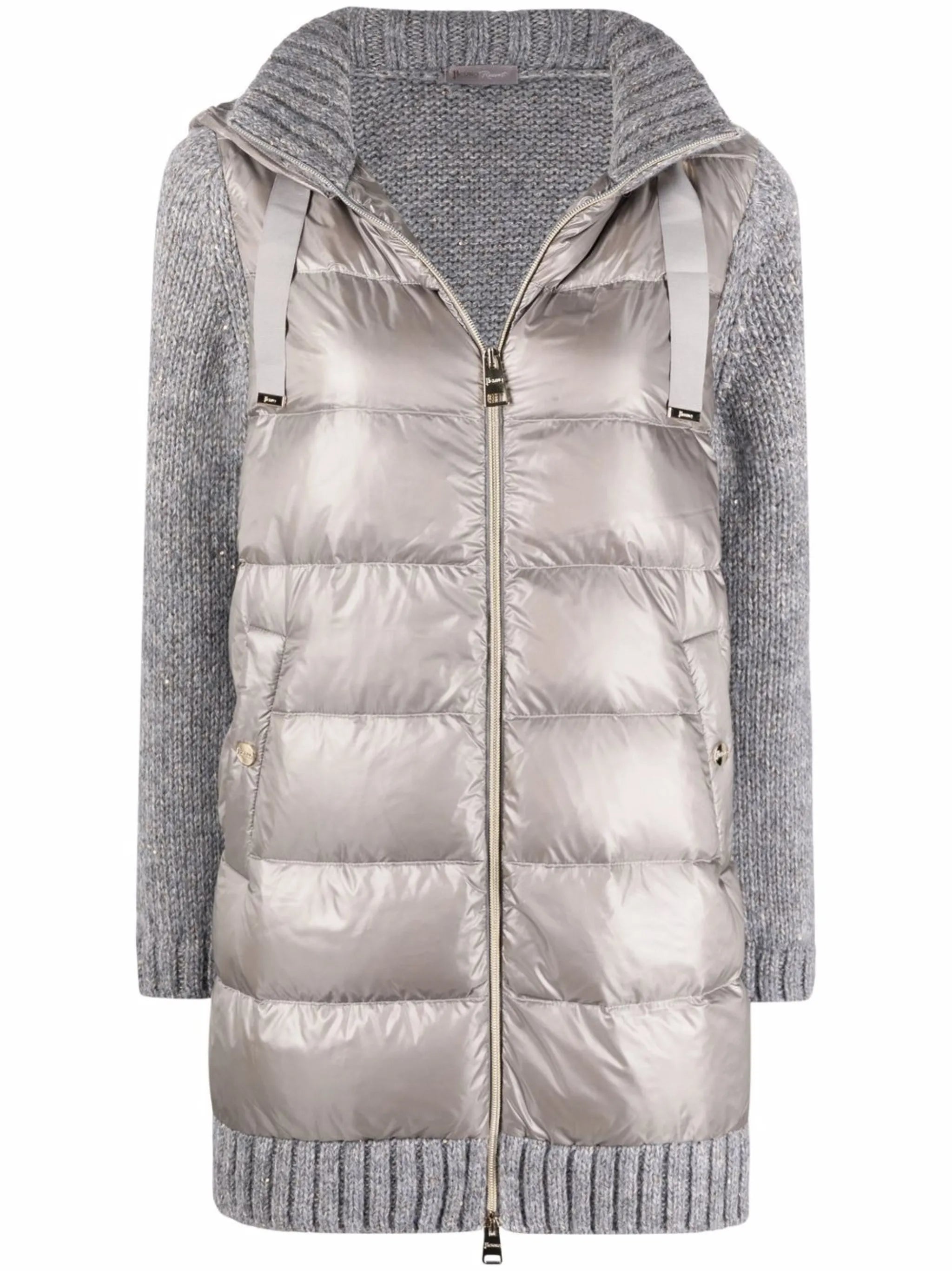 contrast-panel hooded down coat