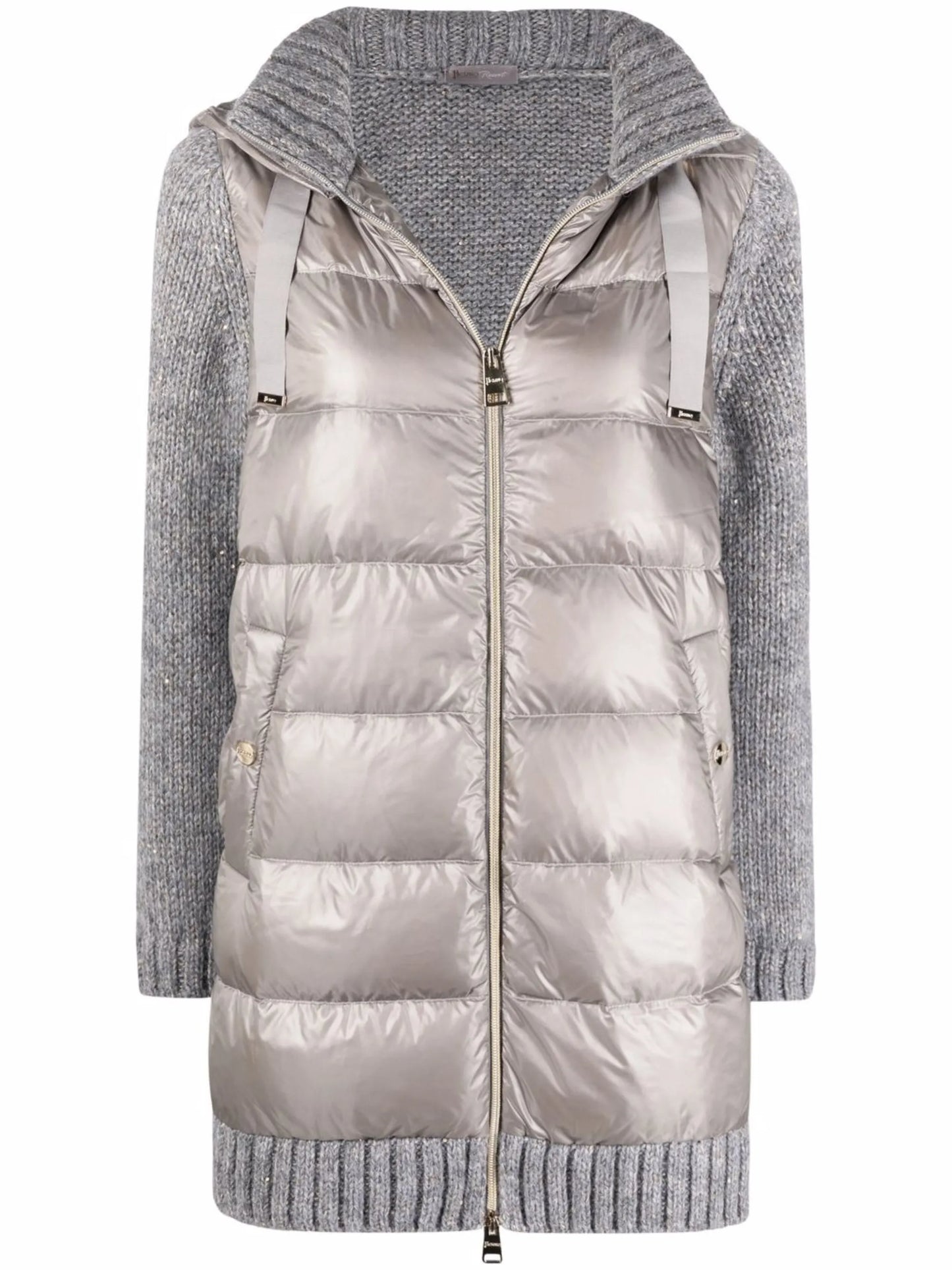contrast-panel hooded down coat